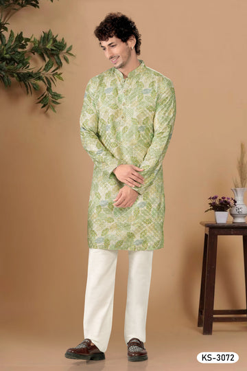 KURTA SET IN GREEN HUE WITH ALL-OVER THREAD EMBROIDERY