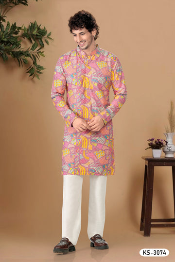 PINK-BASE ( MULTI-TONE ) KURTA SET WITH ALL-OVER THREAD EMBROIDERY