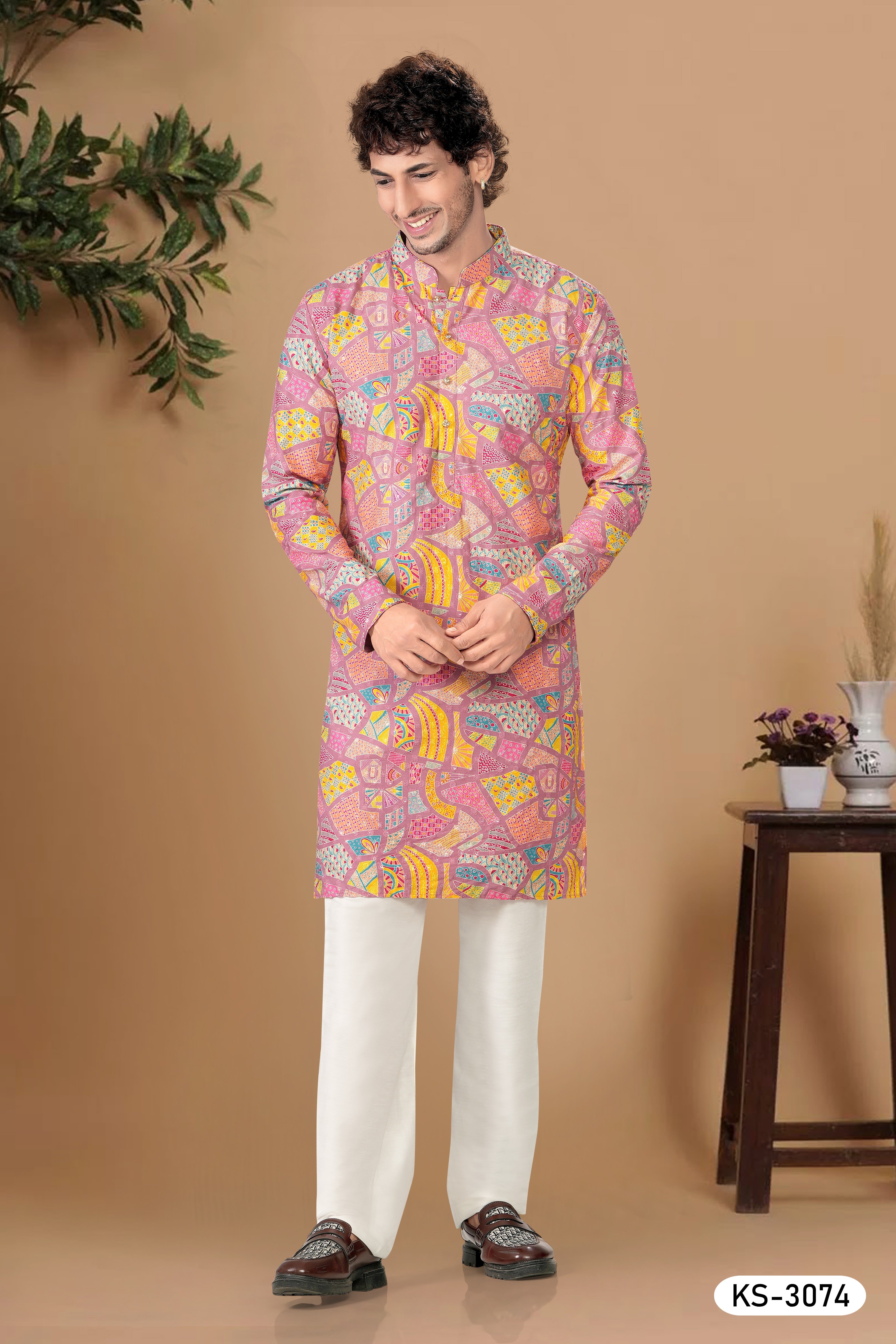 PINK-BASE ( MULTI-TONE ) KURTA SET WITH ALL-OVER THREAD EMBROIDERY