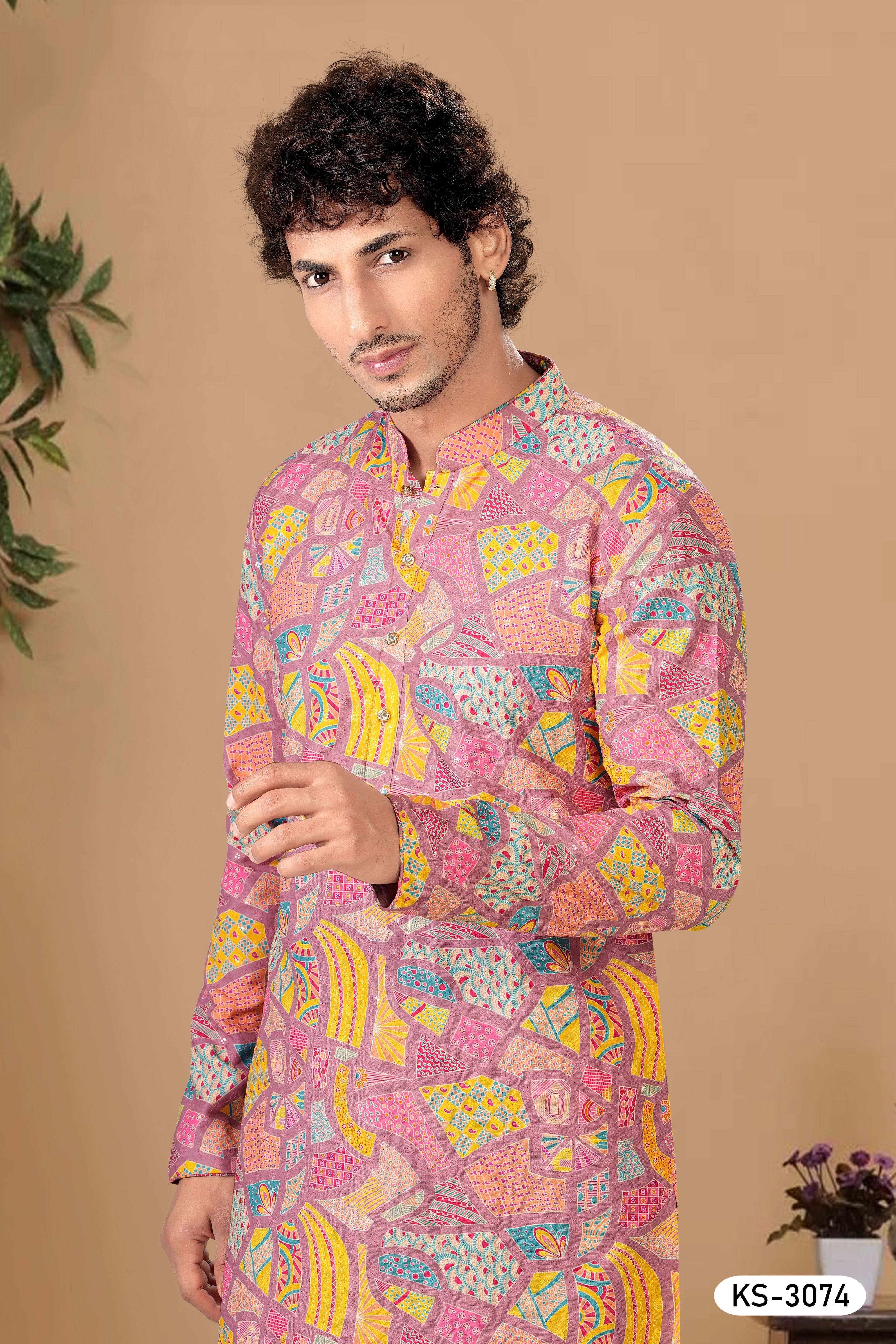 PINK-BASE ( MULTI-TONE ) KURTA SET WITH ALL-OVER THREAD EMBROIDERY