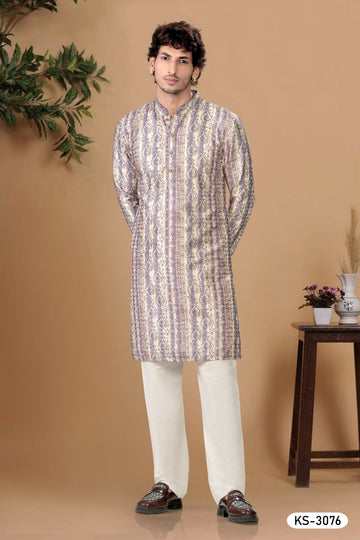 CREAM-BASE ( PURPLE ) KURTA SET WITH THREAD EMBROIDERY ALL-OVER