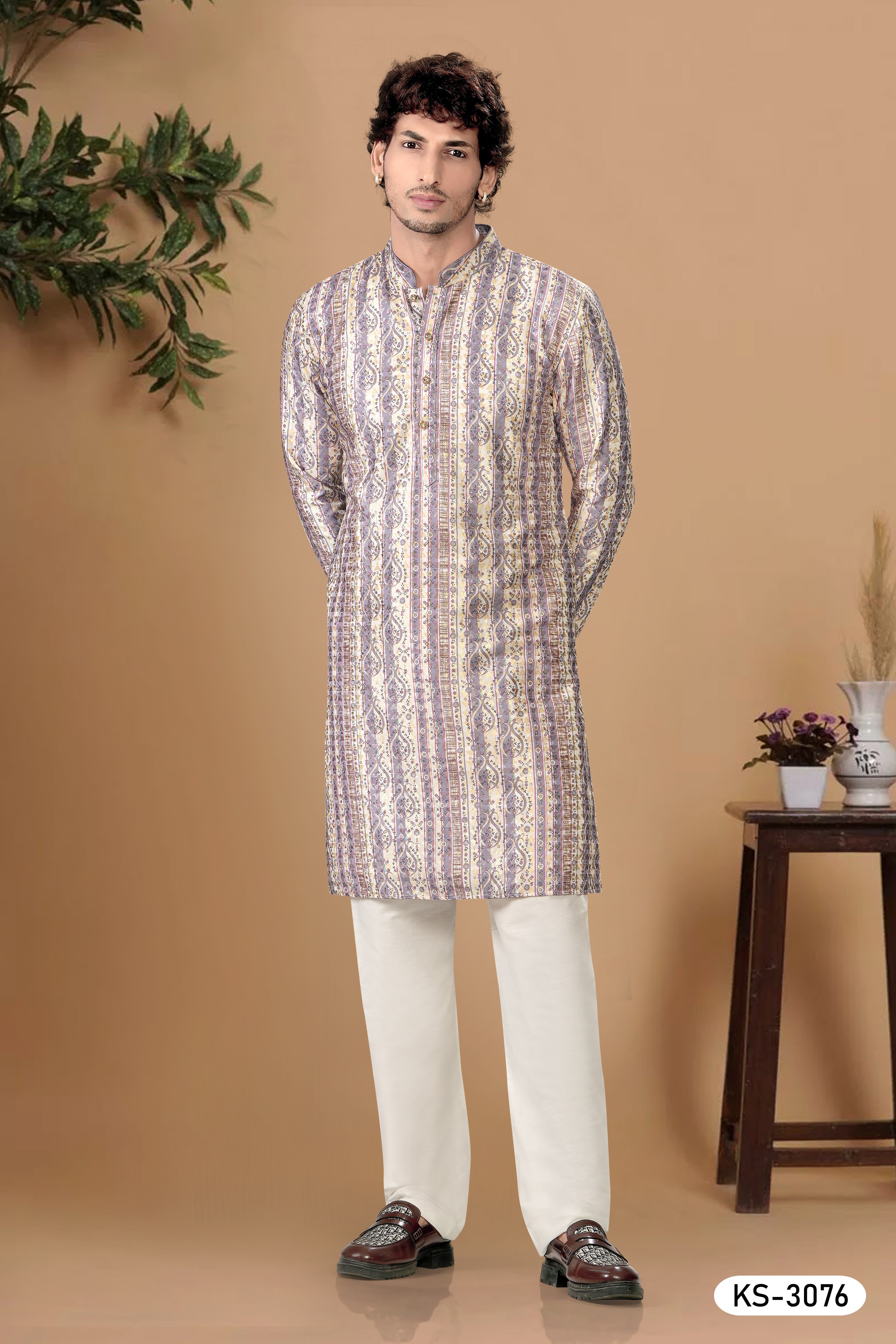 CREAM-BASE ( PURPLE ) KURTA SET WITH THREAD EMBROIDERY ALL-OVER