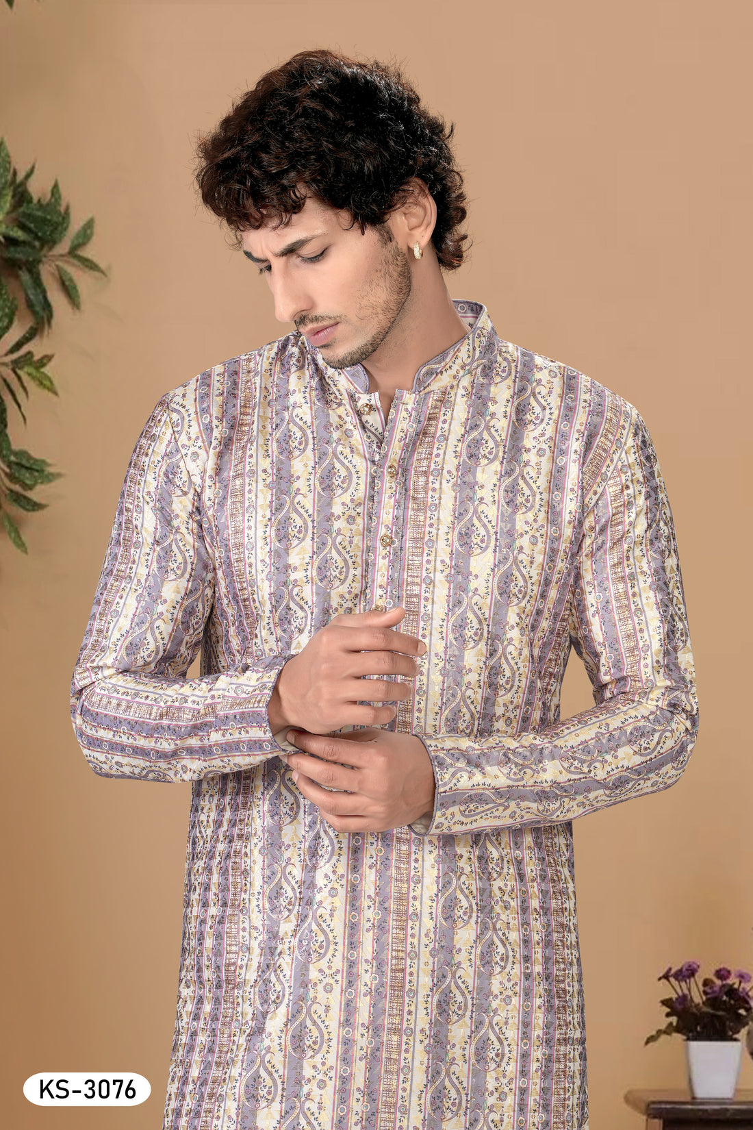 CREAM-BASE ( PURPLE ) KURTA SET WITH THREAD EMBROIDERY ALL-OVER