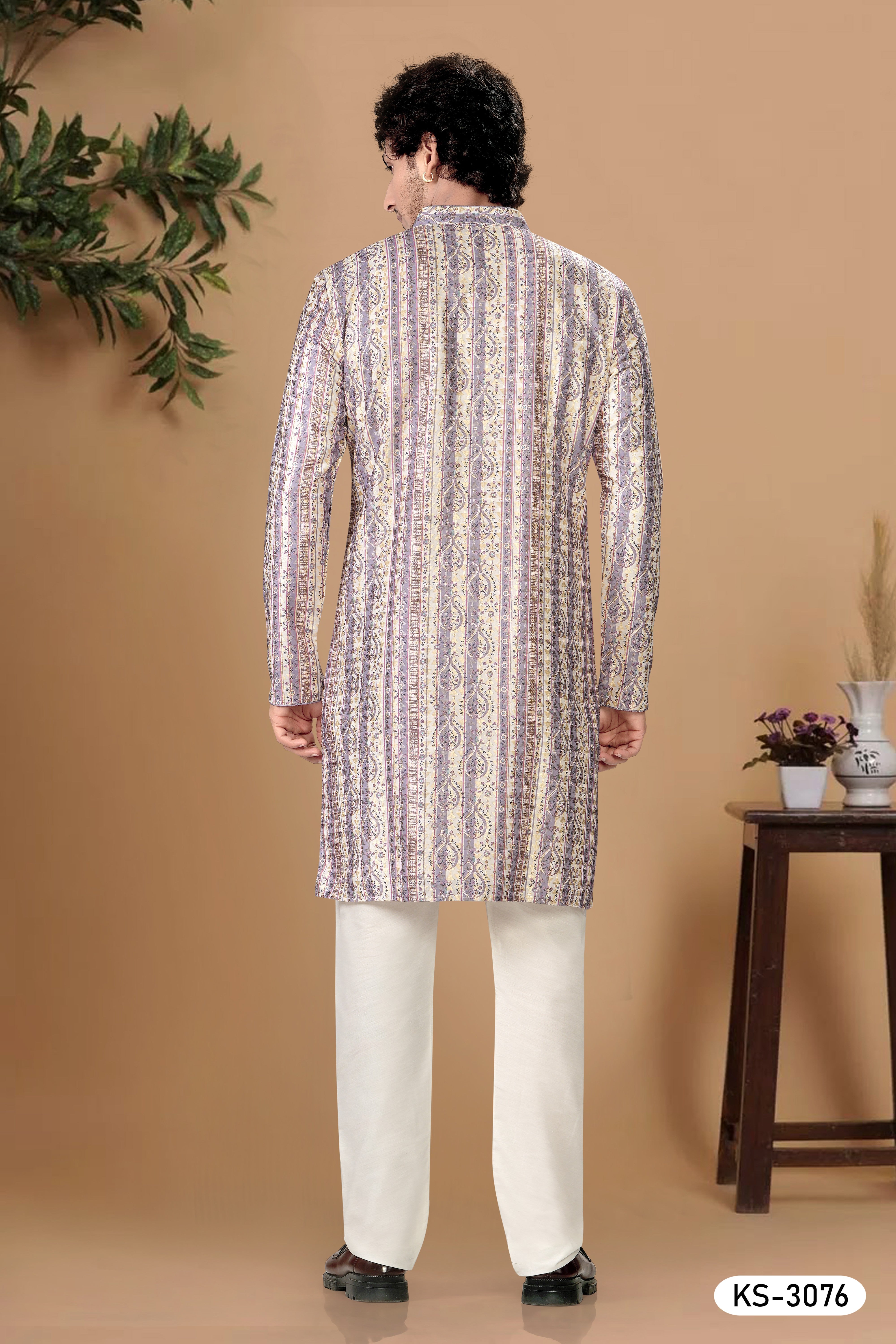 CREAM-BASE ( PURPLE ) KURTA SET WITH THREAD EMBROIDERY ALL-OVER