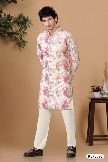 SOFT COTTON KURTA SET IN CREAM & PINK WITH THREAD EMBROIDERY ALL-OVER