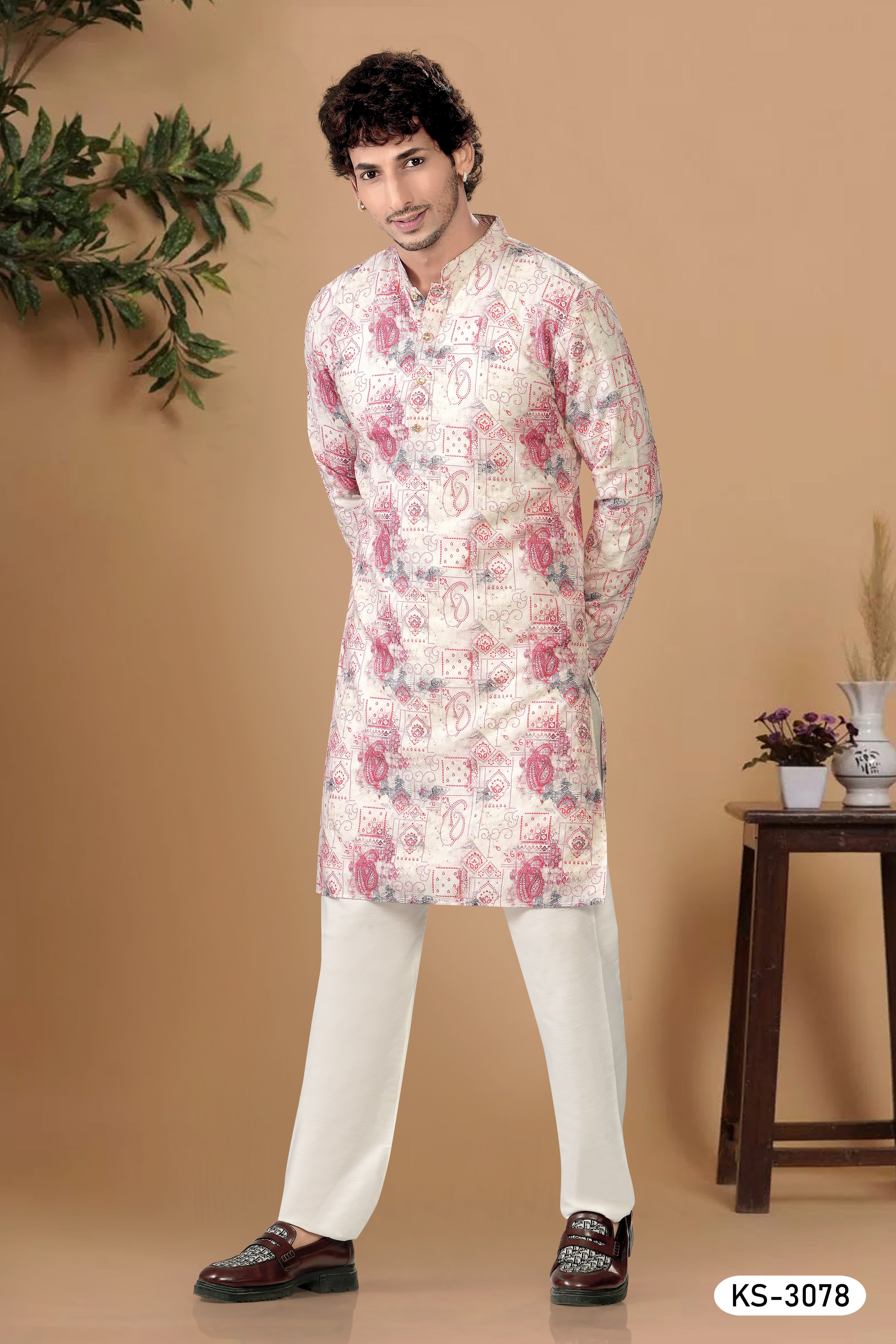 SOFT COTTON KURTA SET IN CREAM & PINK WITH THREAD EMBROIDERY ALL-OVER