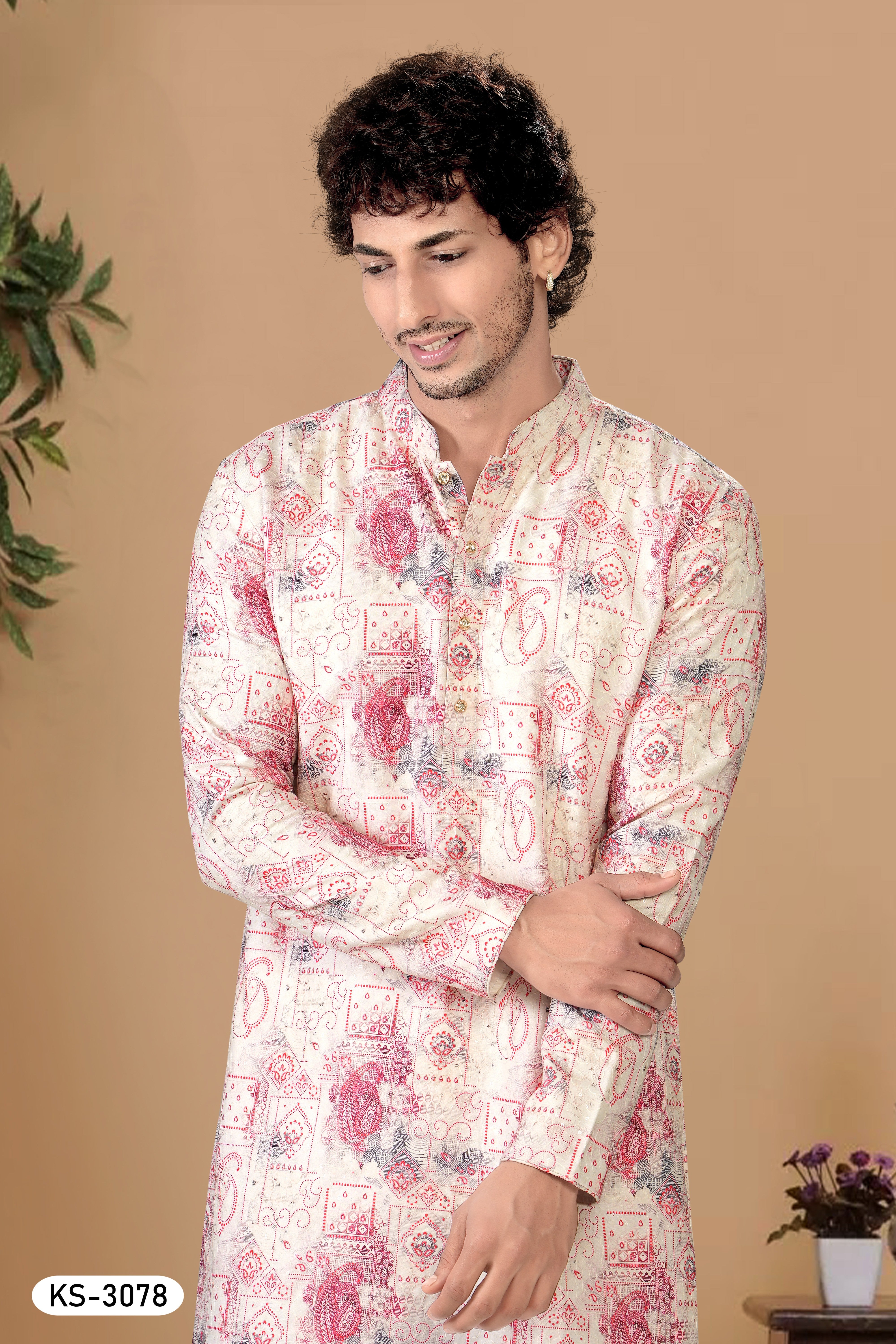 SOFT COTTON KURTA SET IN CREAM & PINK WITH THREAD EMBROIDERY ALL-OVER