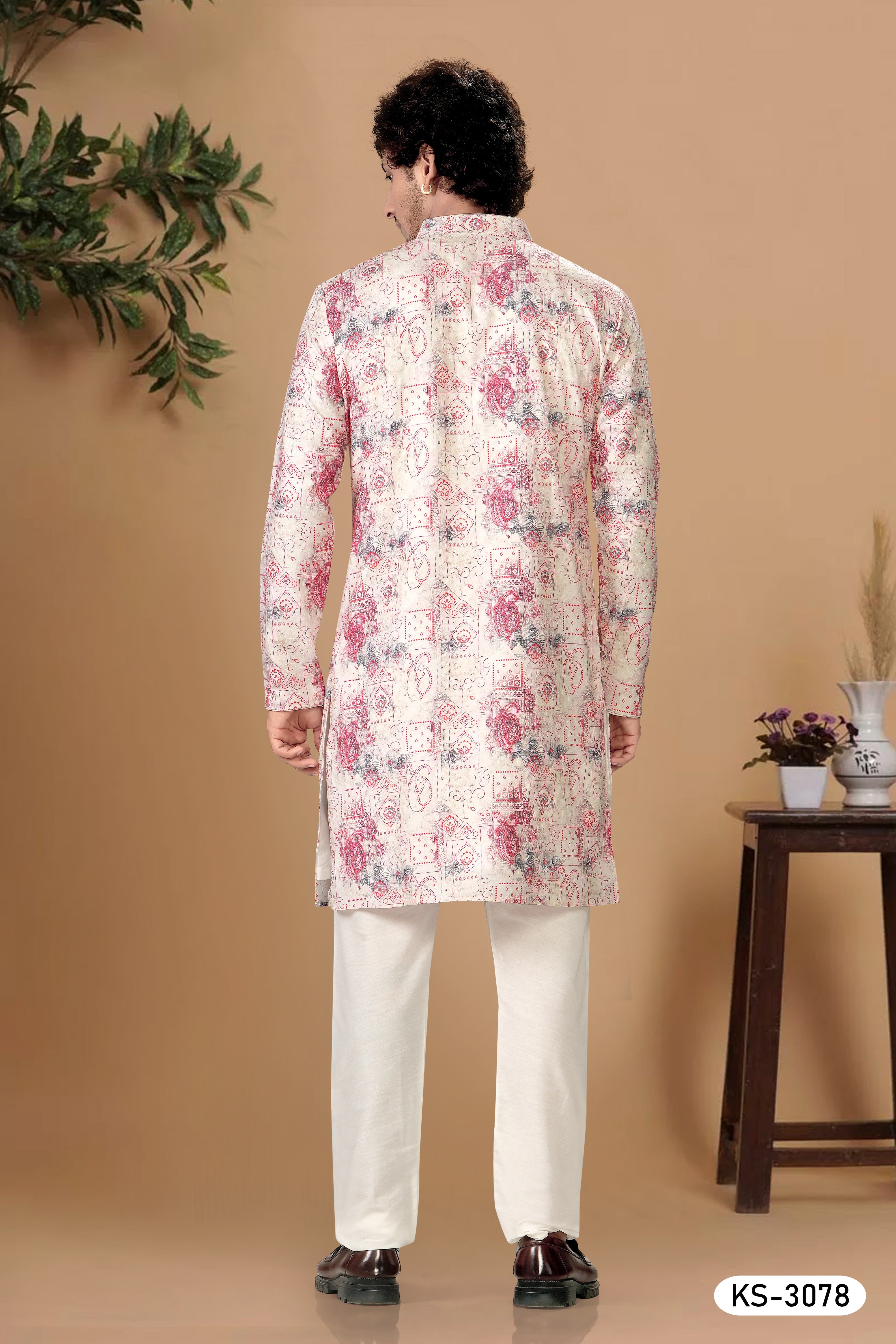 SOFT COTTON KURTA SET IN CREAM & PINK WITH THREAD EMBROIDERY ALL-OVER