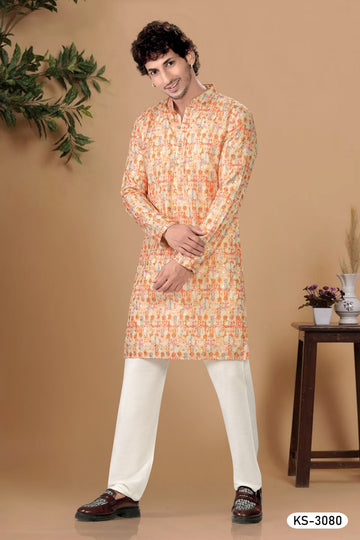 KURTA SET WITH THREAD EMBROIDERY IN ORANGE TONE