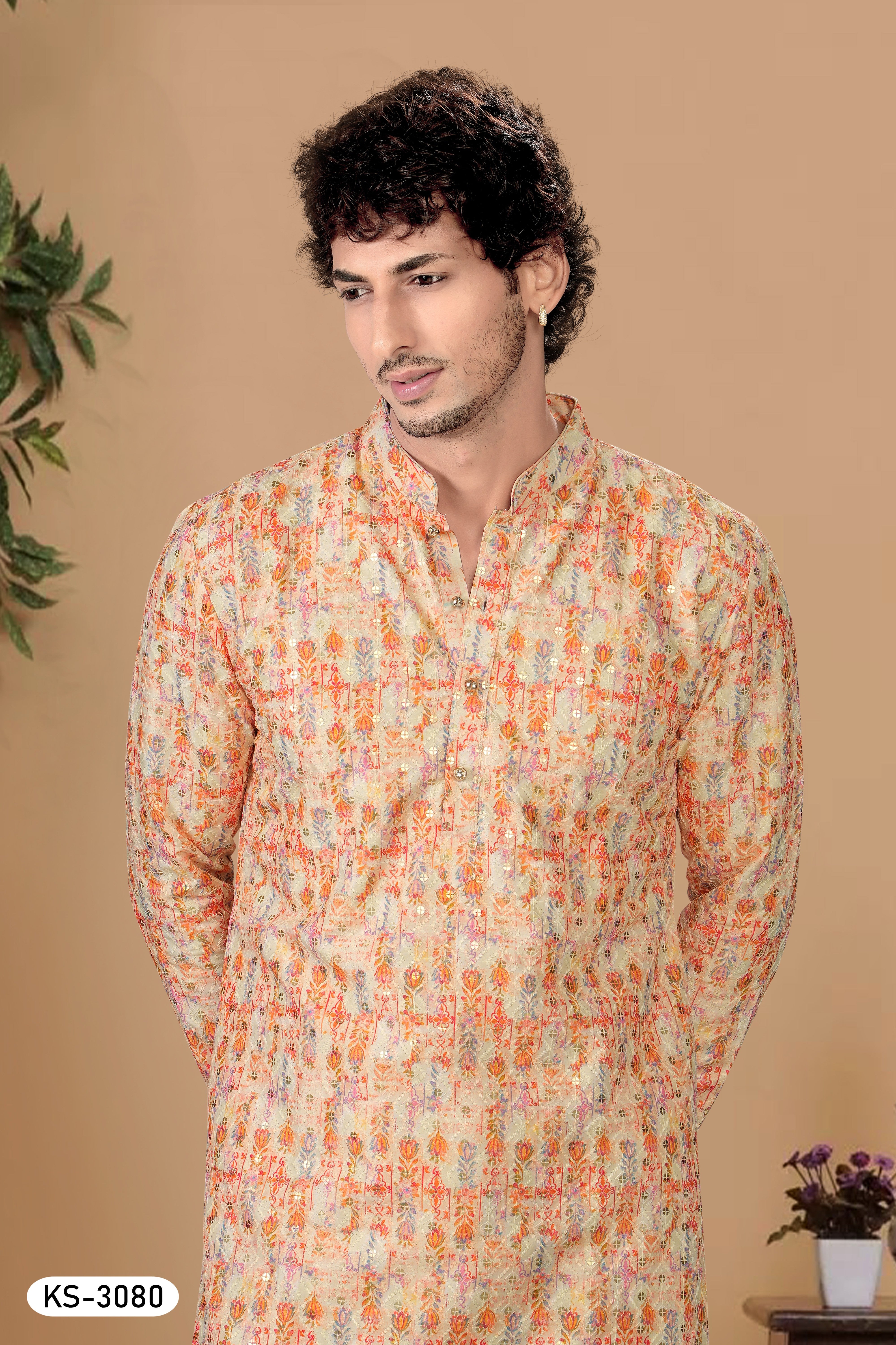 KURTA SET WITH THREAD EMBROIDERY IN ORANGE TONE