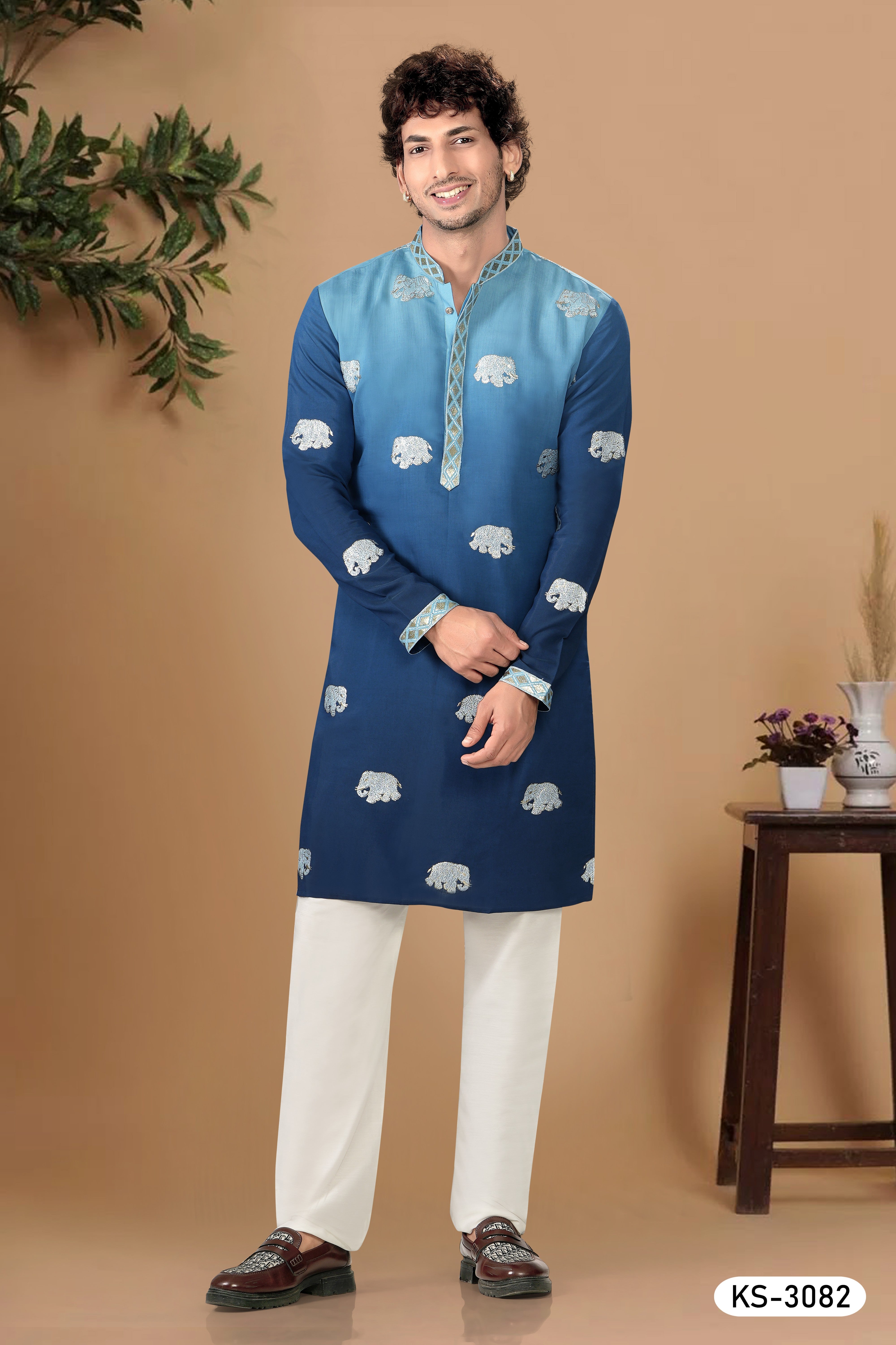 DUEL TONE KURTA SET IN BLUE WITH FOIL-PRINT EMBROIDERY