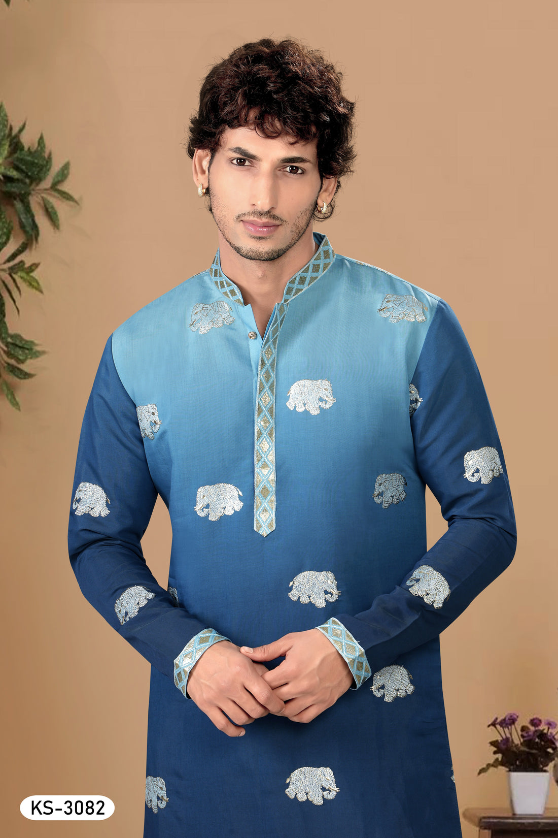DUEL TONE KURTA SET IN BLUE WITH FOIL-PRINT EMBROIDERY