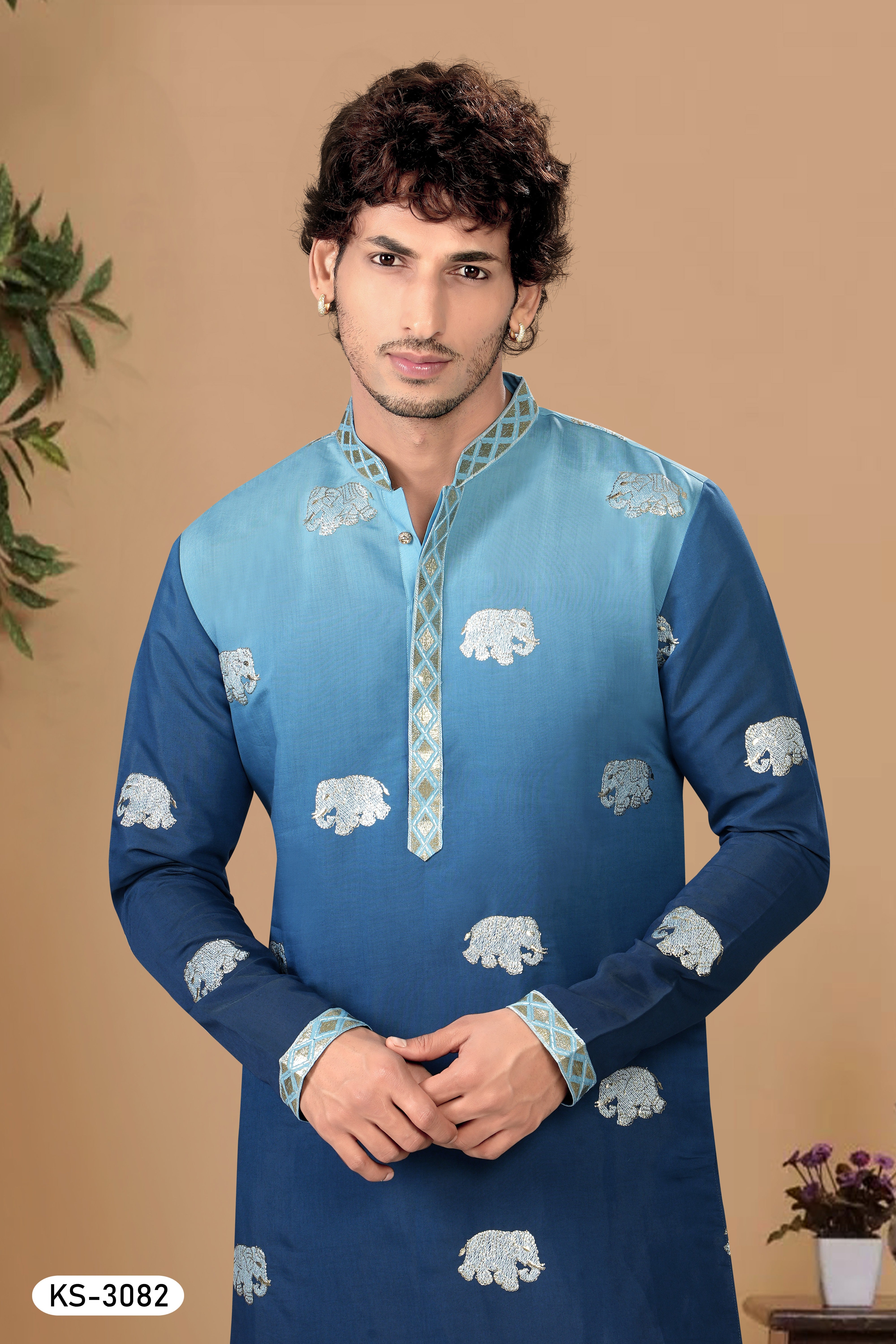DUEL TONE KURTA SET IN BLUE WITH FOIL-PRINT EMBROIDERY