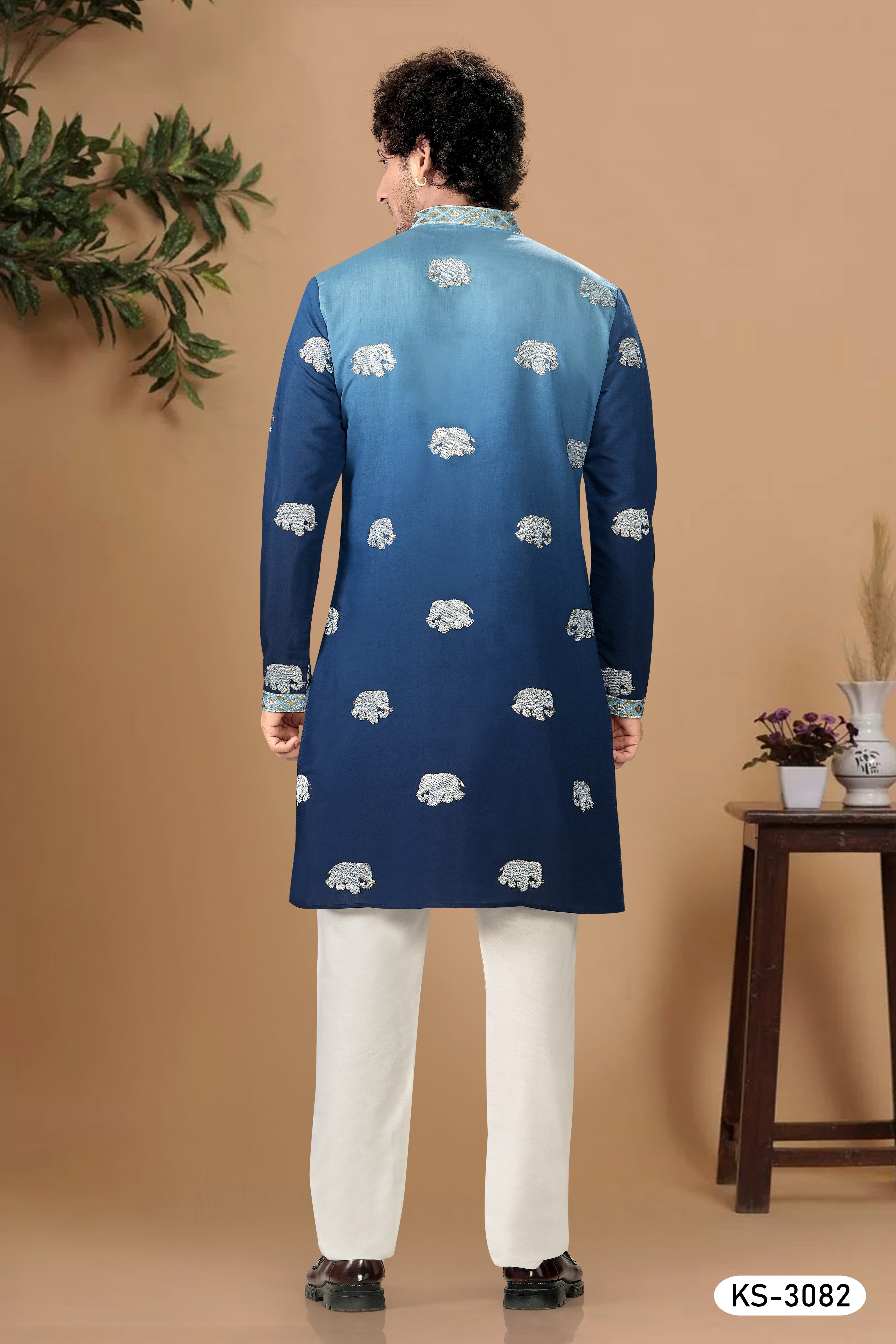 DUEL TONE KURTA SET IN BLUE WITH FOIL-PRINT EMBROIDERY