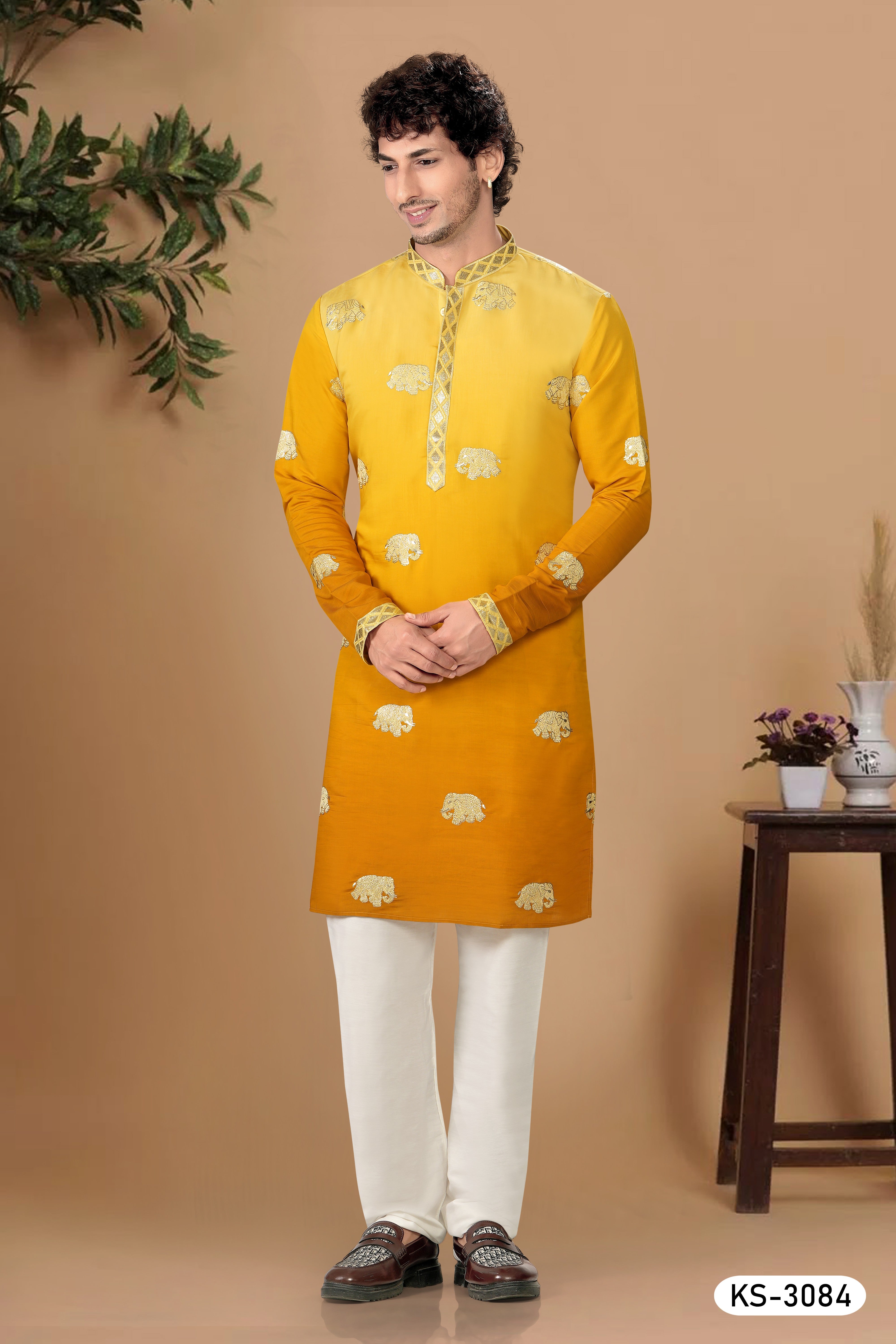YELLOW KURTA SET IN DUEL TONE WITH FOIL-PRINT EMBROIDERY