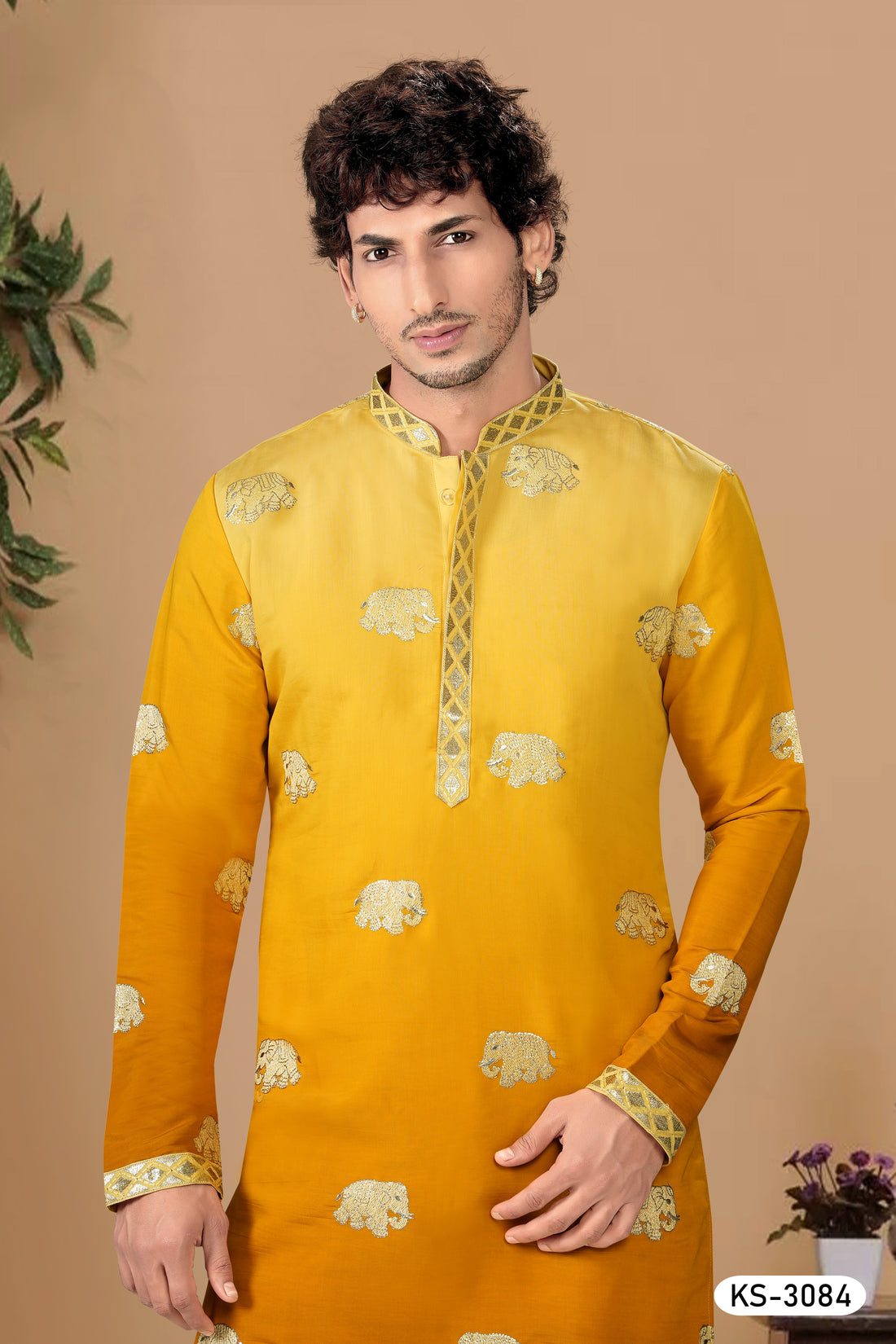 YELLOW KURTA SET IN DUEL TONE WITH FOIL-PRINT EMBROIDERY