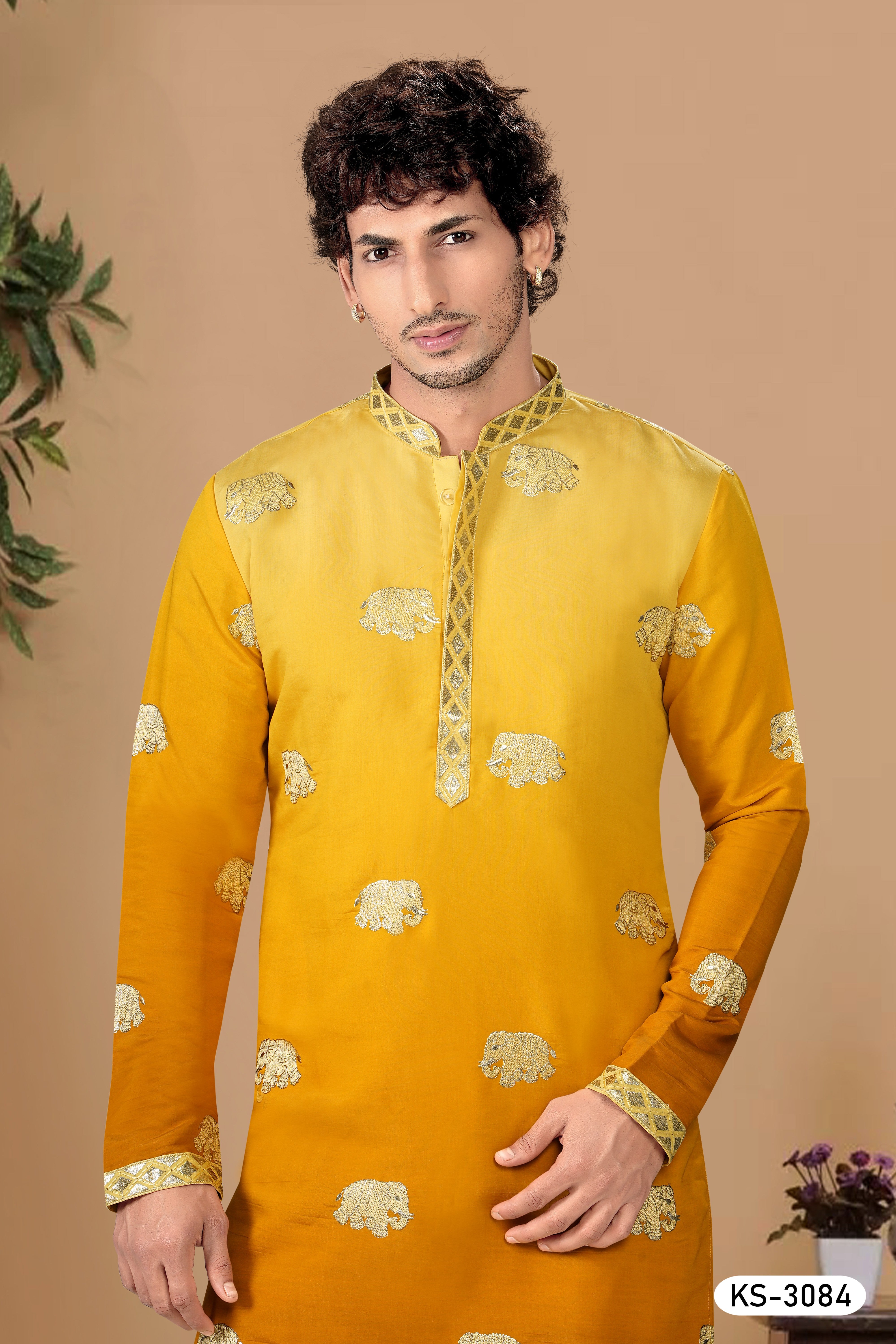 YELLOW KURTA SET IN DUEL TONE WITH FOIL-PRINT EMBROIDERY