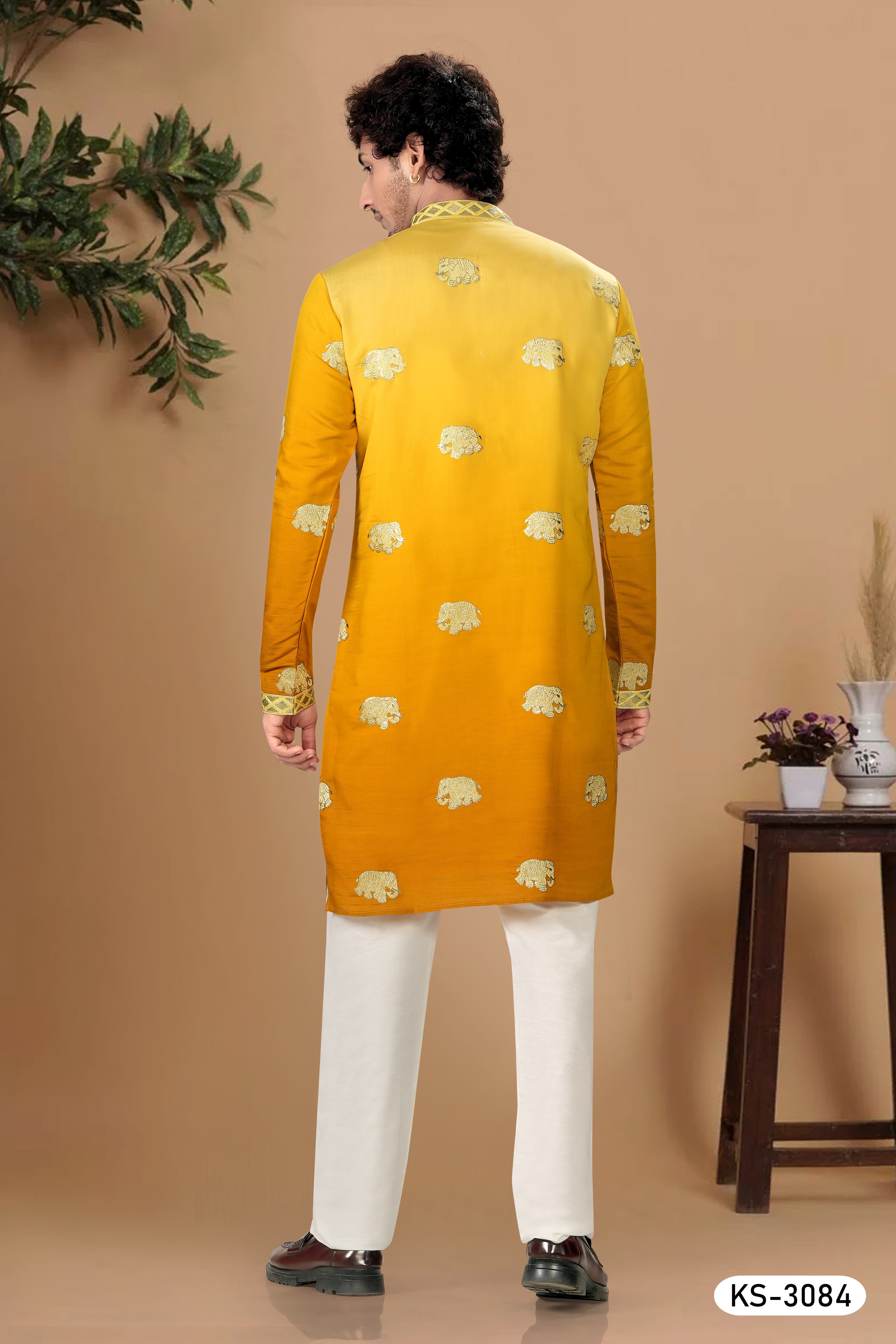YELLOW KURTA SET IN DUEL TONE WITH FOIL-PRINT EMBROIDERY