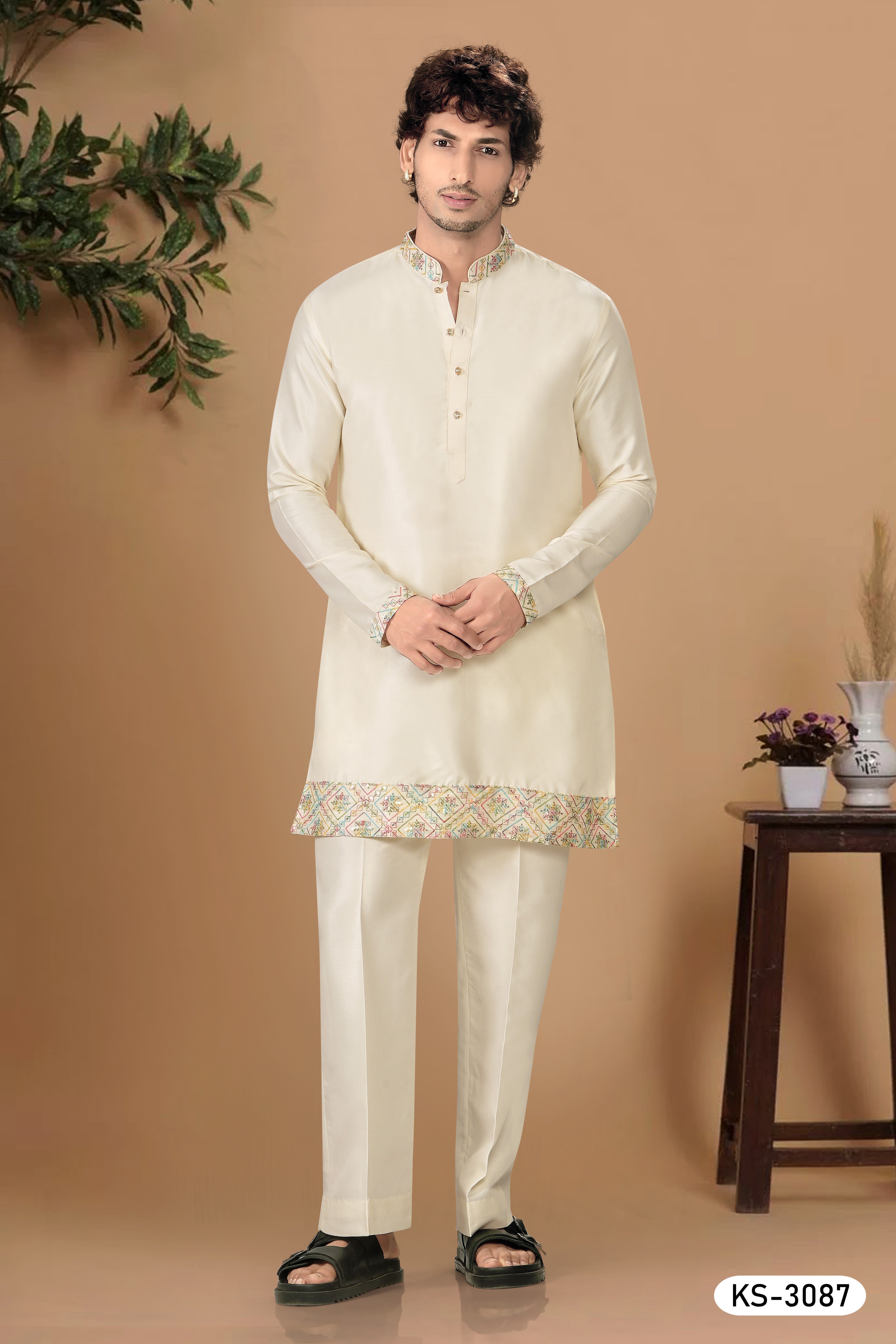CREAM TONE SHORT KURTA WITH KOREAN PANT