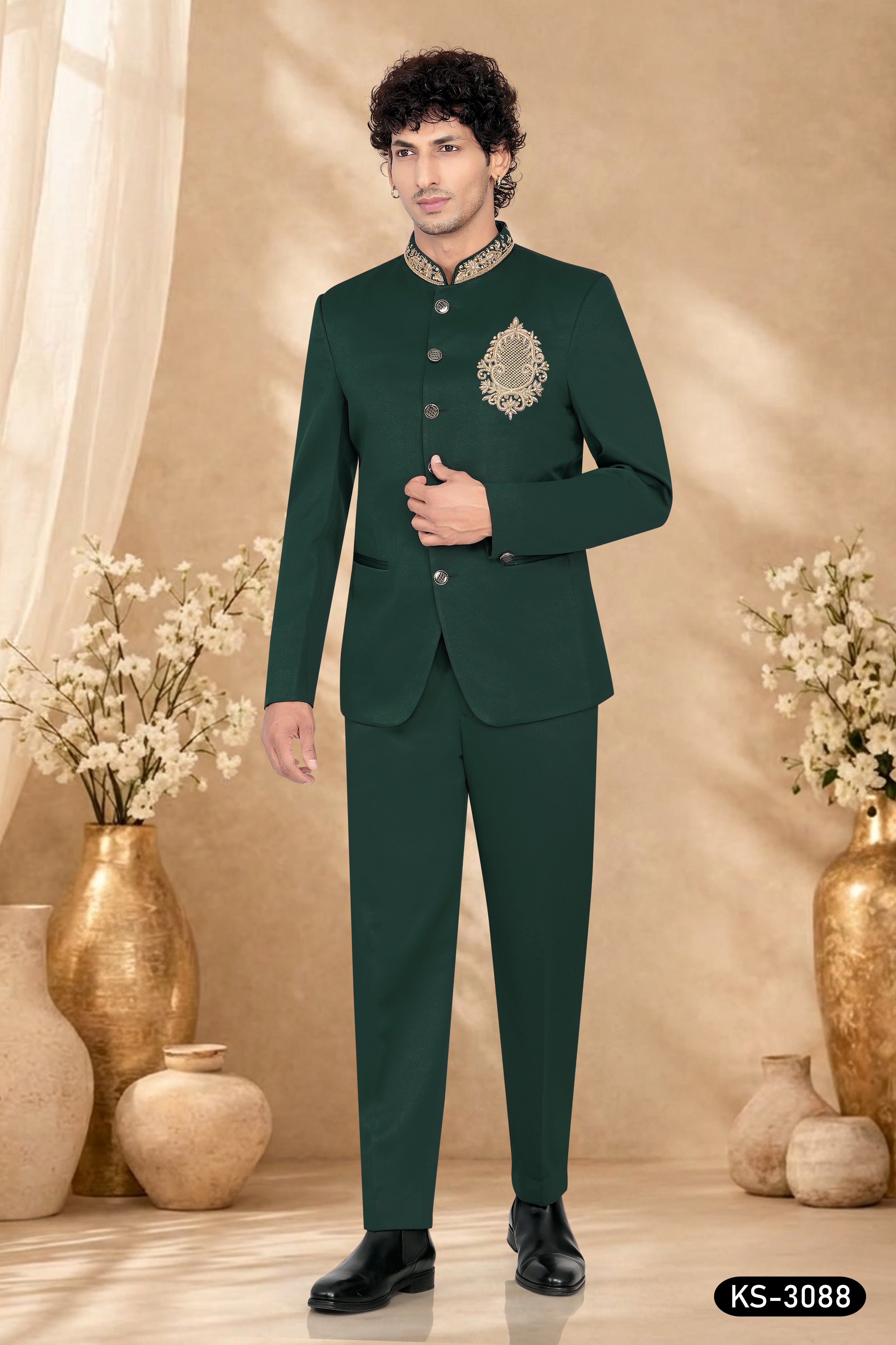 BANDHGALA SET IN GREEN TONE WITH UNIQUE HAND EMBROIDERY