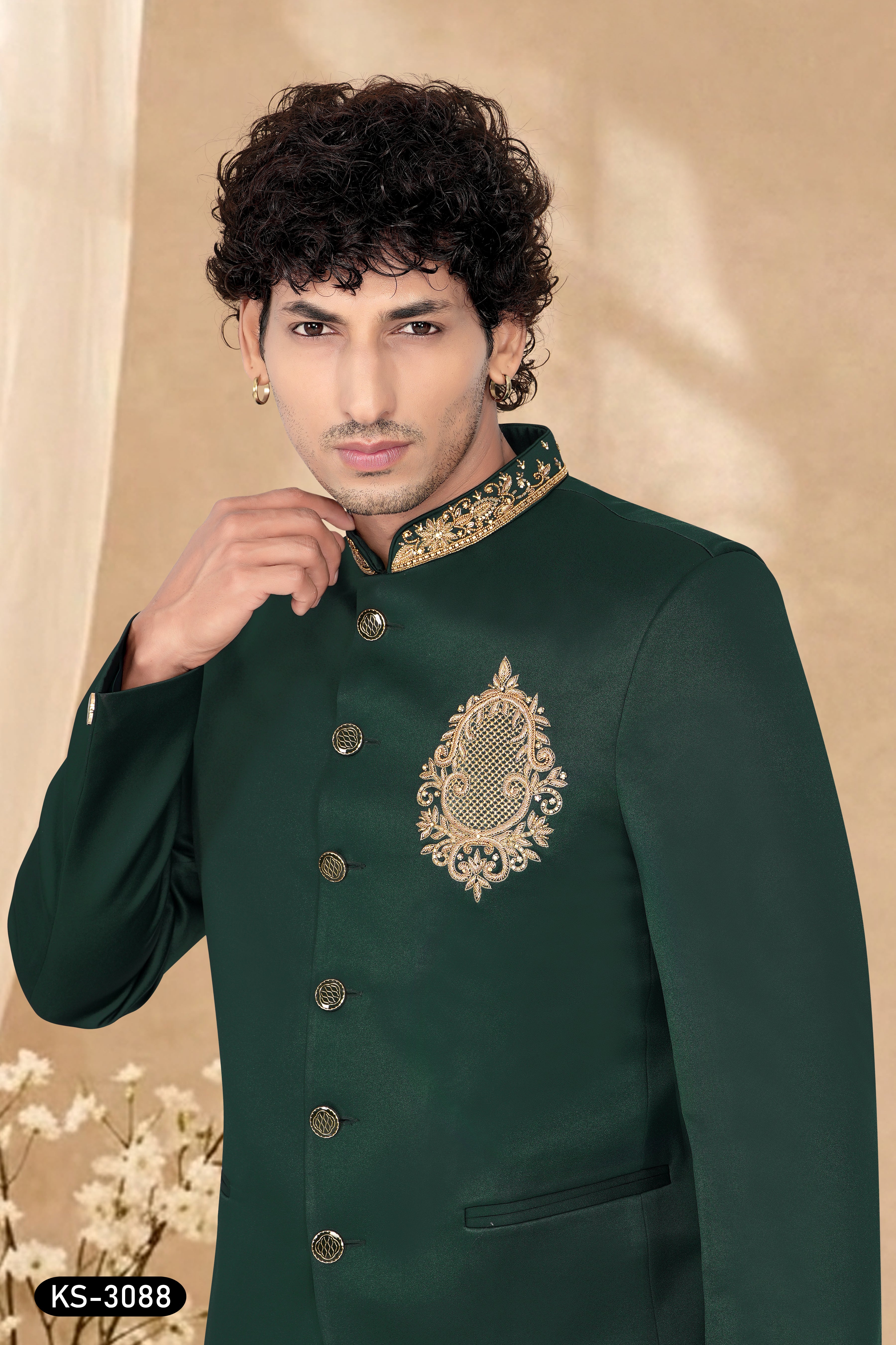 BANDHGALA SET IN GREEN TONE WITH UNIQUE HAND EMBROIDERY