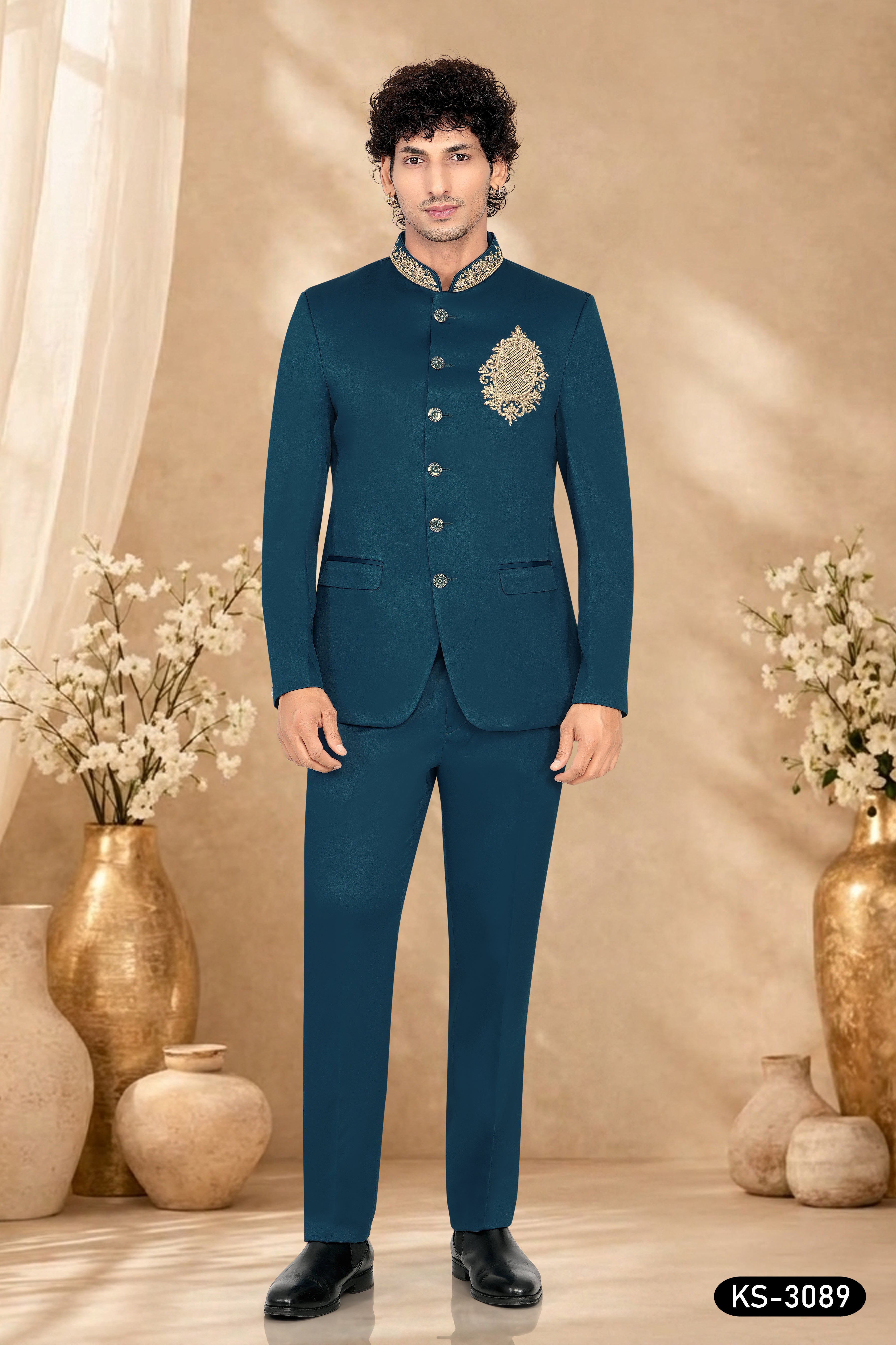 TEAL-BLUE HUE BANDGALA SET WITH UNQIUE HAND EMBROIDERY
