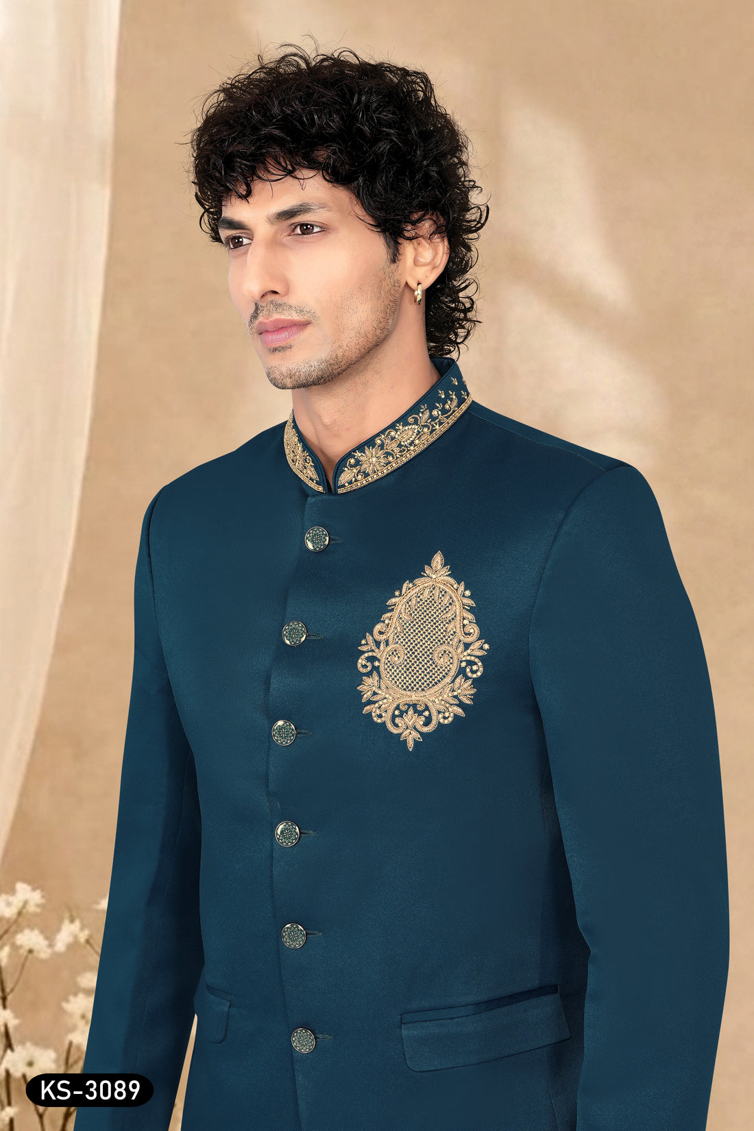 Teal Blue TR Bandhgala Suit with Unique Hand Embroidery for Men | Wedding & Festive Wear