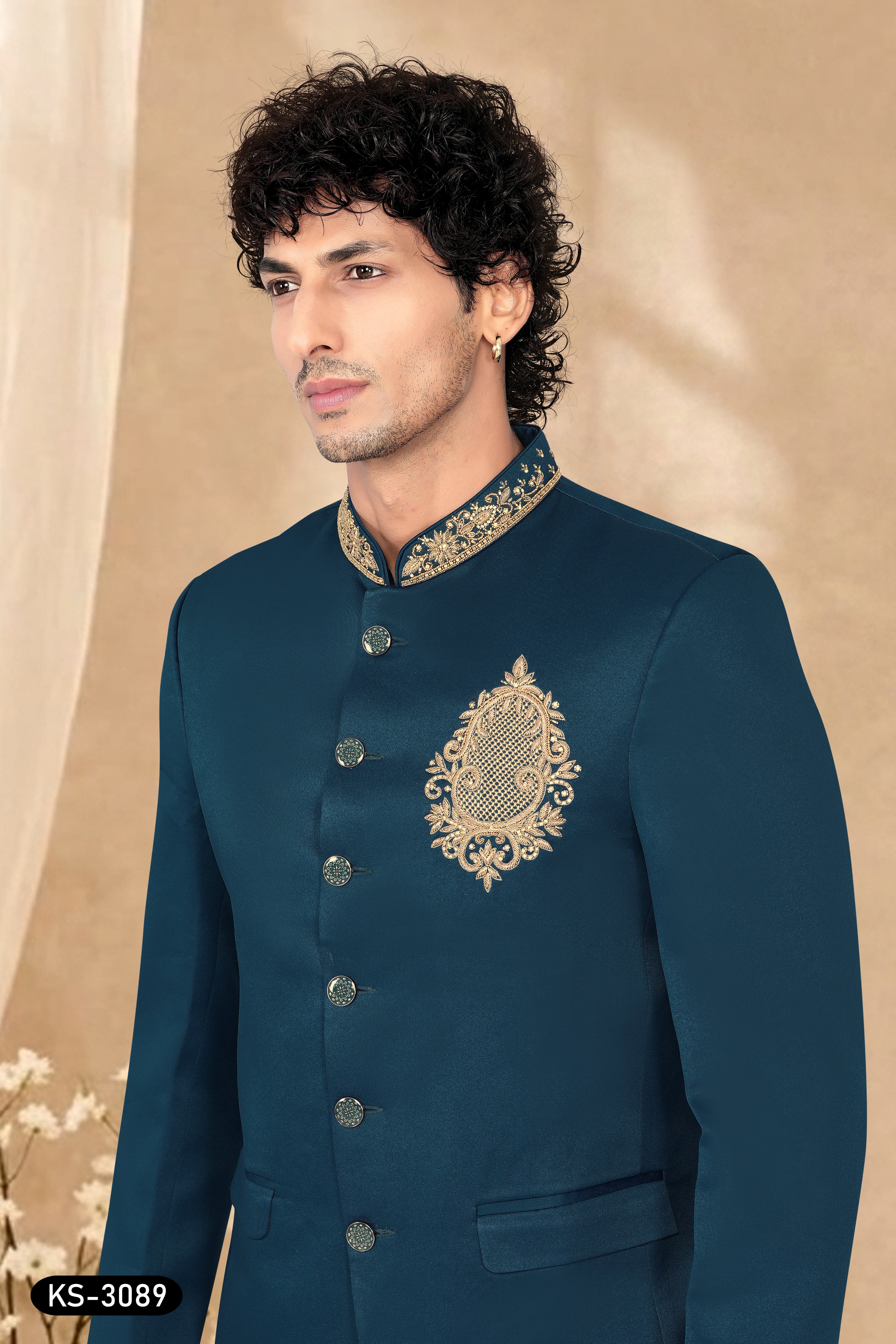 TEAL-BLUE HUE BANDGALA SET WITH UNQIUE HAND EMBROIDERY
