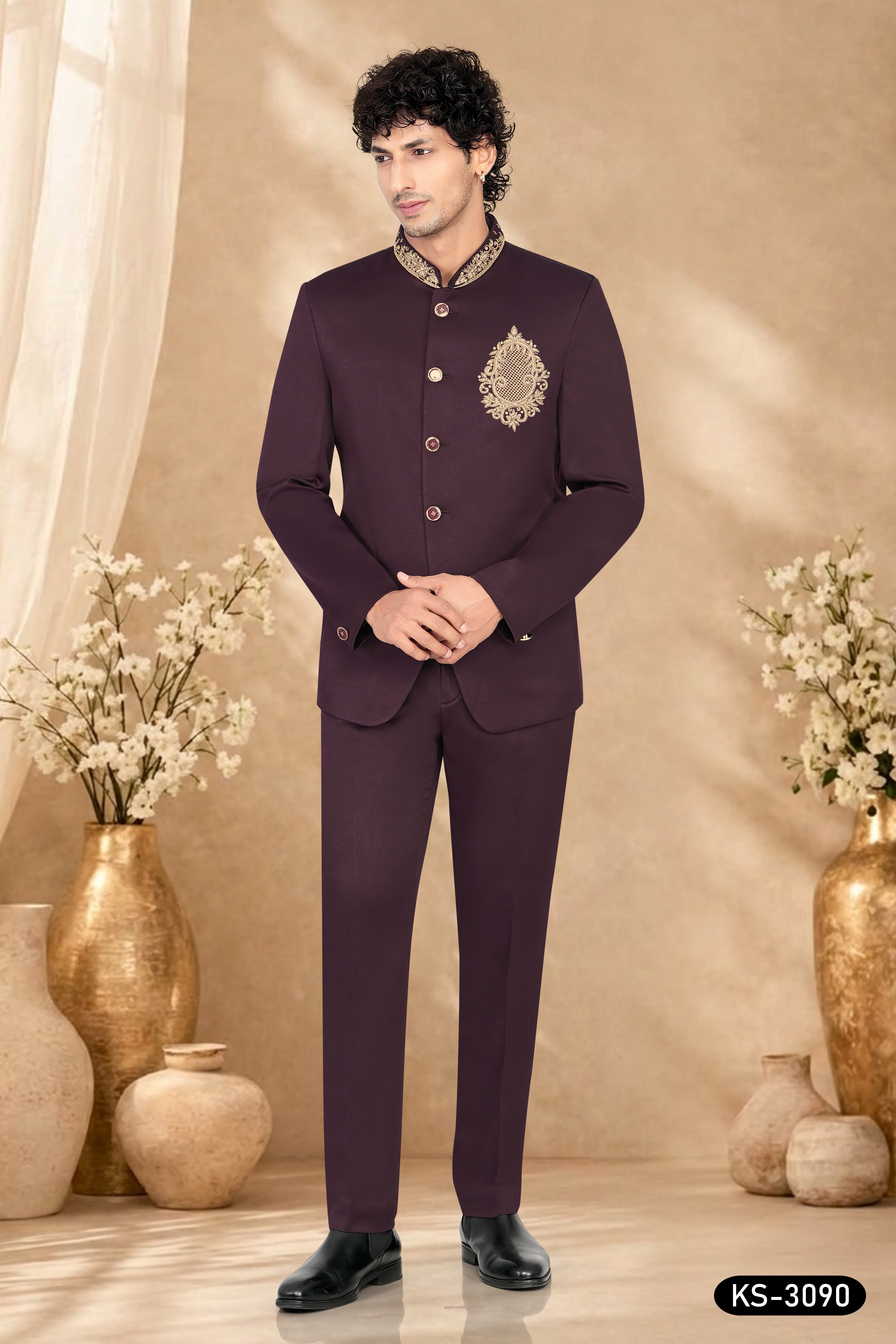 BANDHGALA SET IN WINE TONE WITH UNIQUE EMBROIDERY