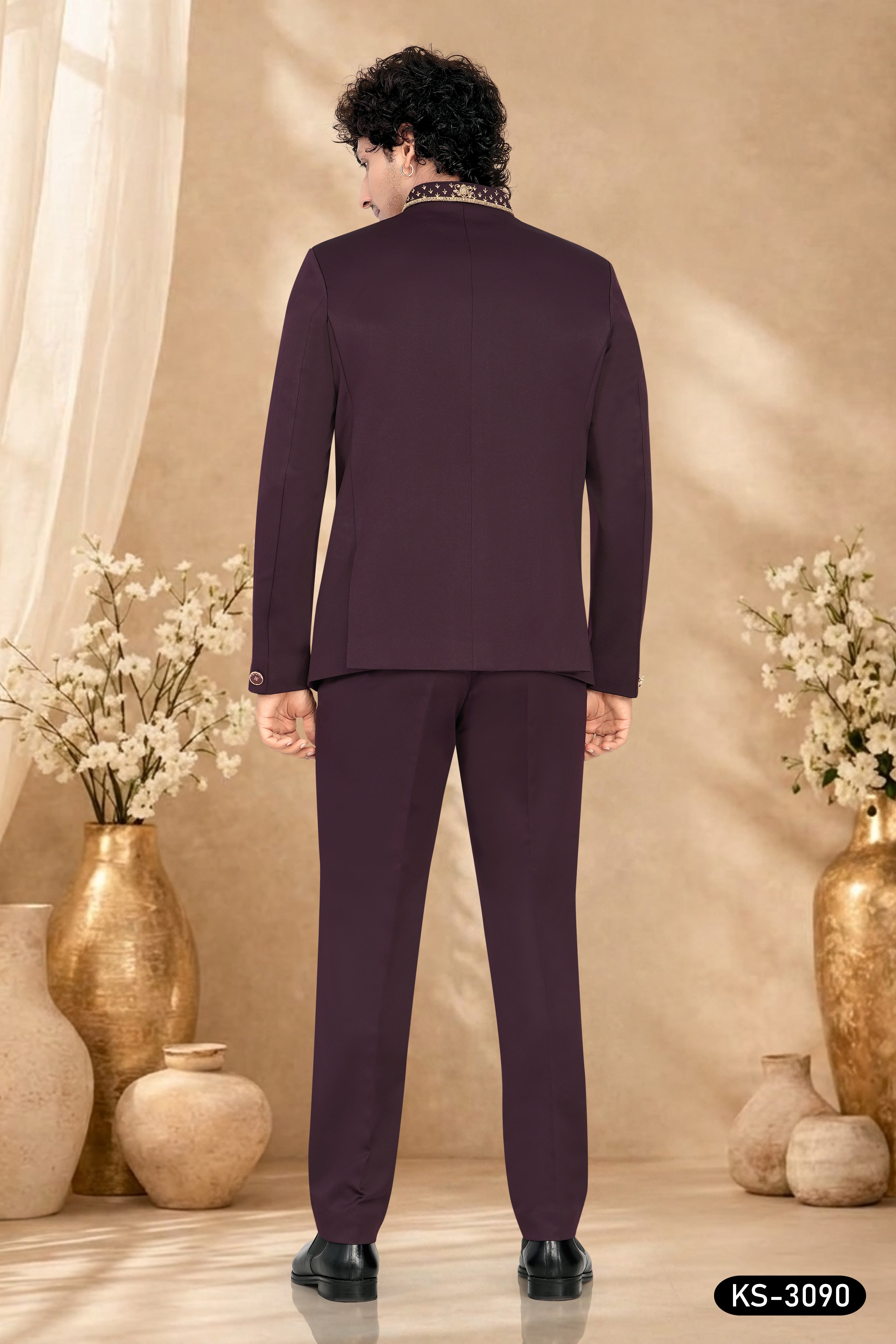BANDHGALA SET IN WINE TONE WITH UNIQUE EMBROIDERY