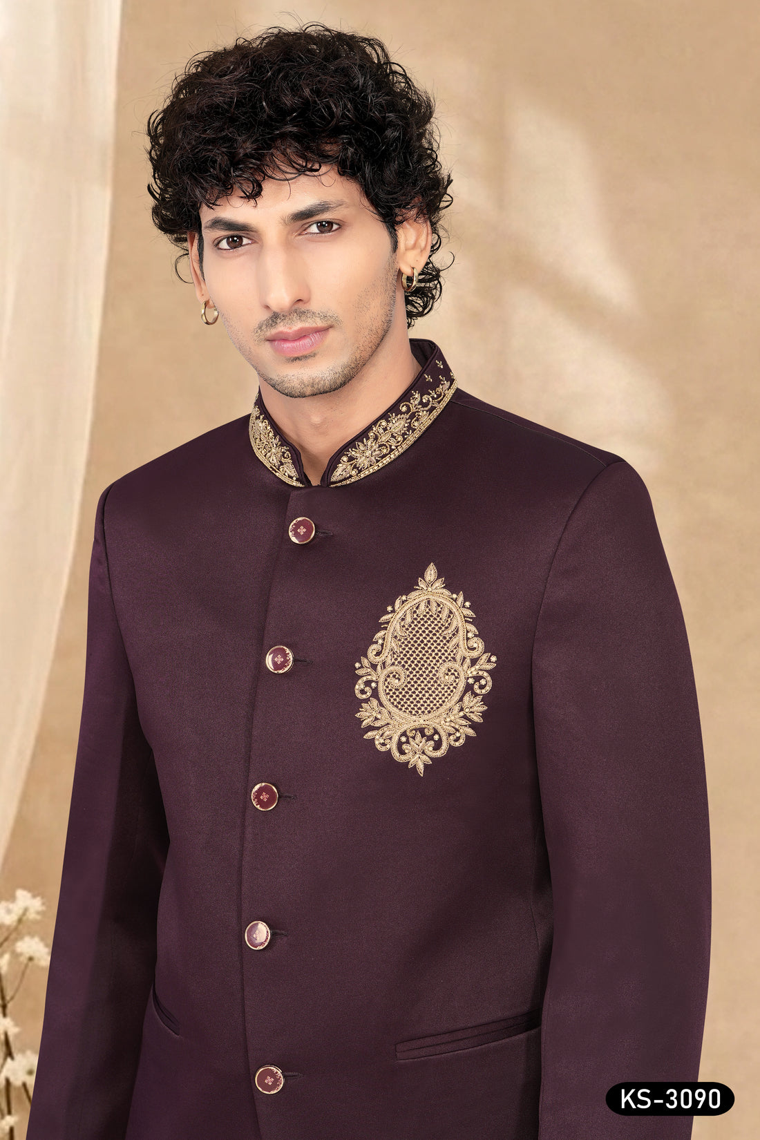 BANDHGALA SET IN WINE TONE WITH UNIQUE EMBROIDERY