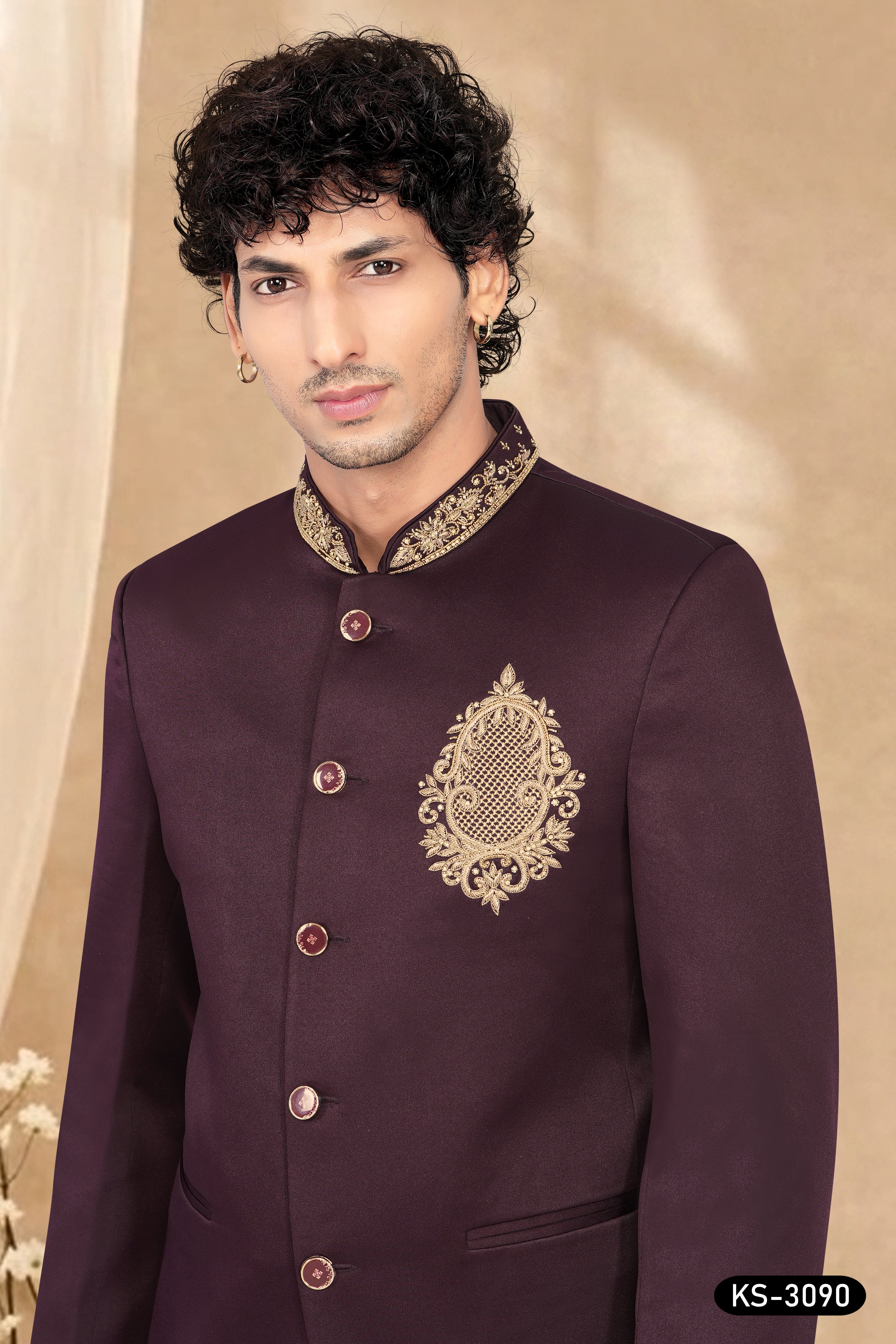 BANDHGALA SET IN WINE TONE WITH UNIQUE EMBROIDERY