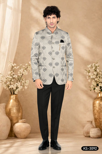 GREY-BASE BANDHGALA SET WITH SELF-DESIGN ALL-OVER