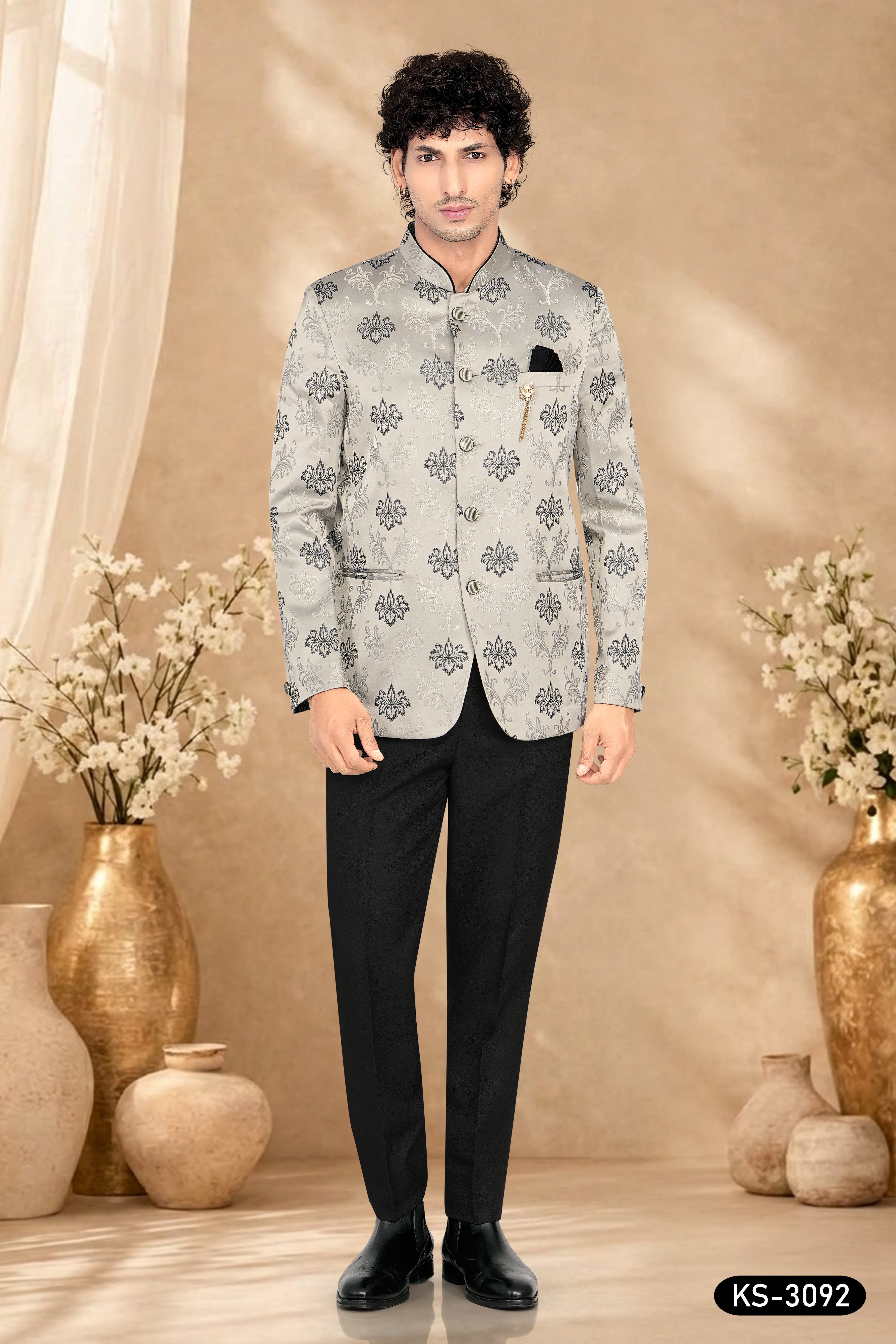 GREY-BASE BANDHGALA SET WITH SELF-DESIGN ALL-OVER