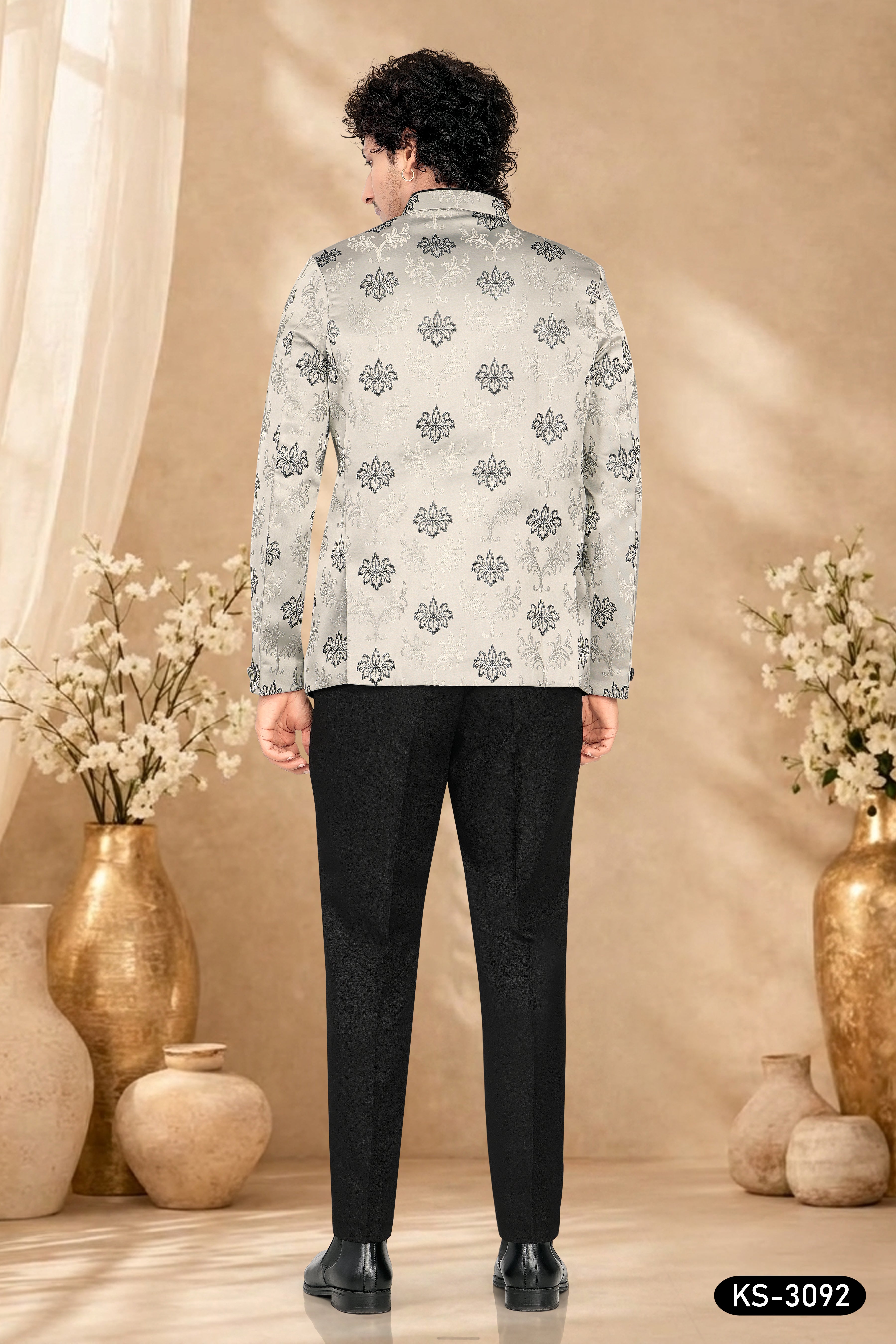 GREY-BASE BANDHGALA SET WITH SELF-DESIGN ALL-OVER