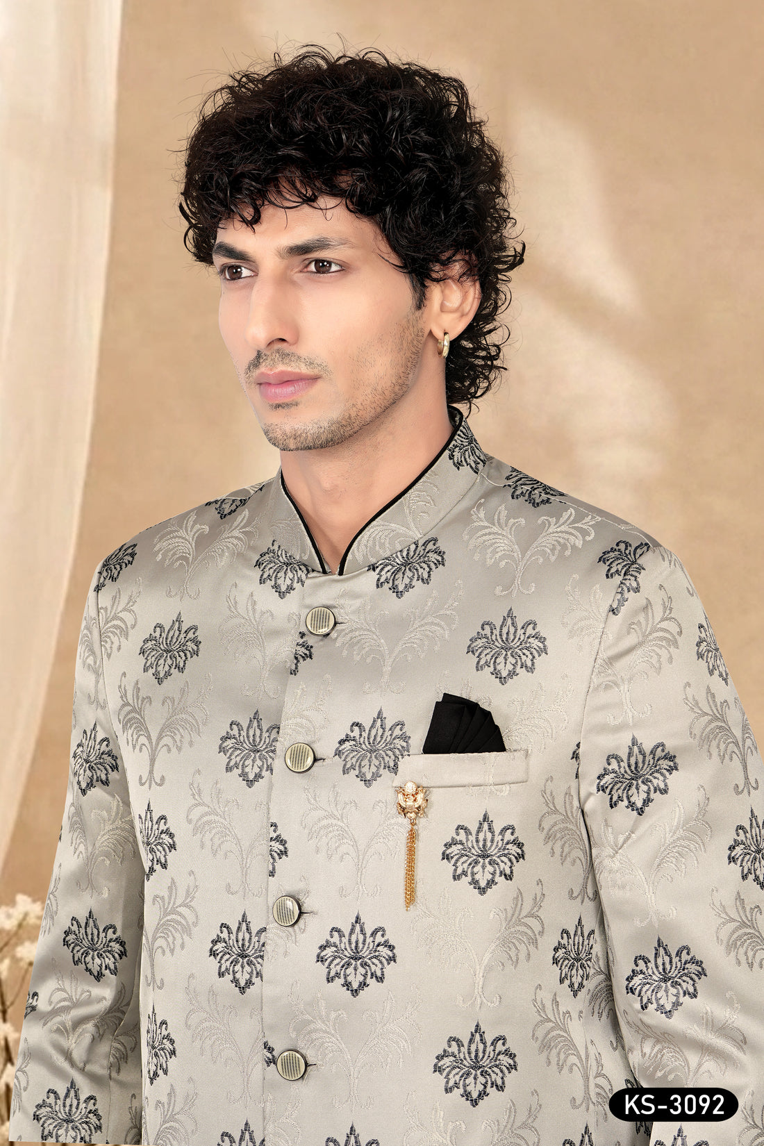 GREY-BASE BANDHGALA SET WITH SELF-DESIGN ALL-OVER