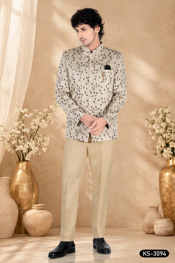 BANDGALA SET IN BEIGE-BASE WITH SELF-DESIGN ALL-OVER