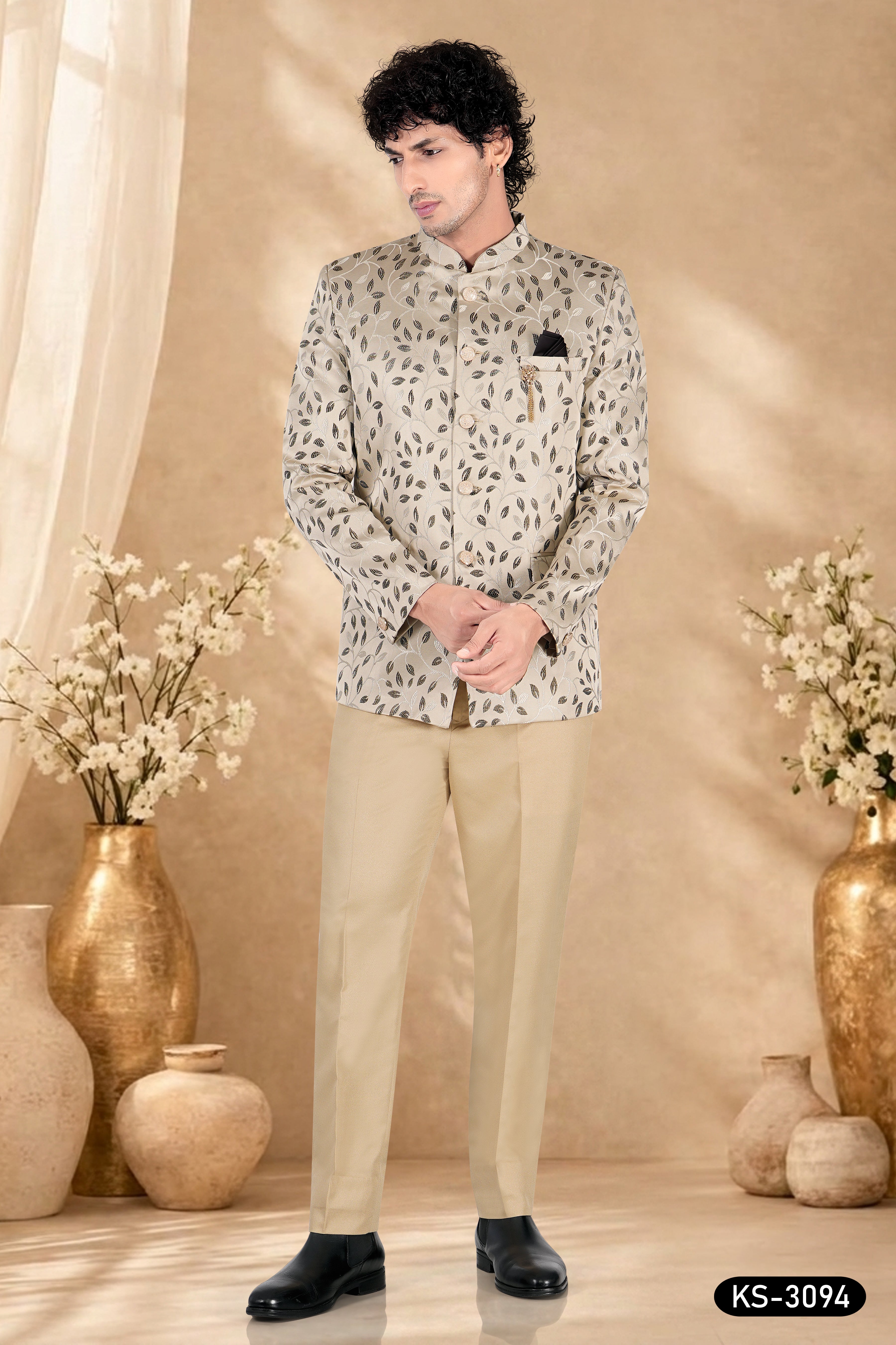 BANDGALA SET IN BEIGE-BASE WITH SELF-DESIGN ALL-OVER