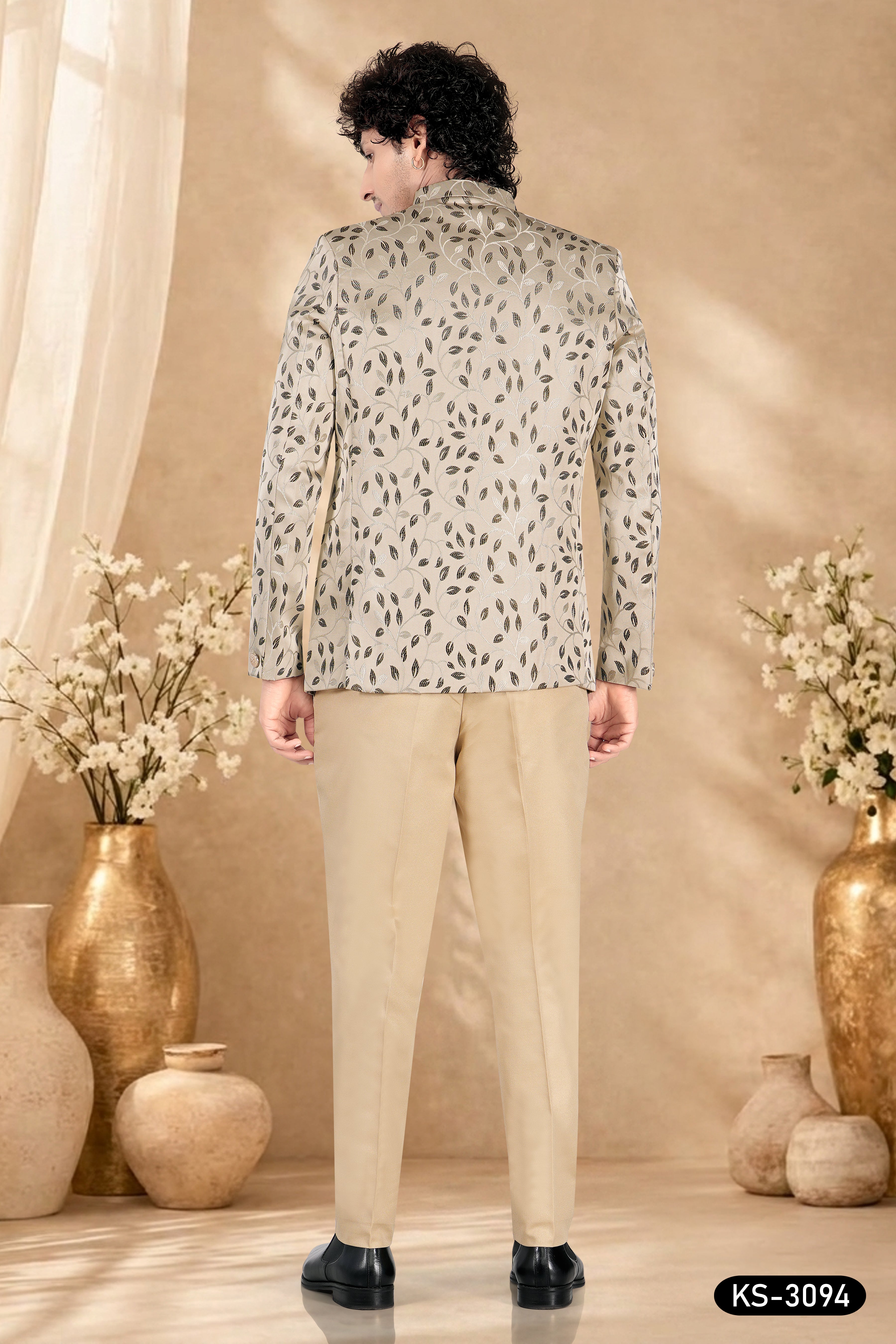BANDGALA SET IN BEIGE-BASE WITH SELF-DESIGN ALL-OVER