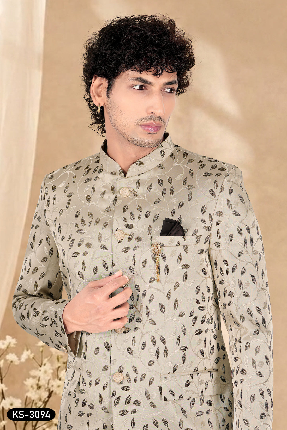 BANDGALA SET IN BEIGE-BASE WITH SELF-DESIGN ALL-OVER