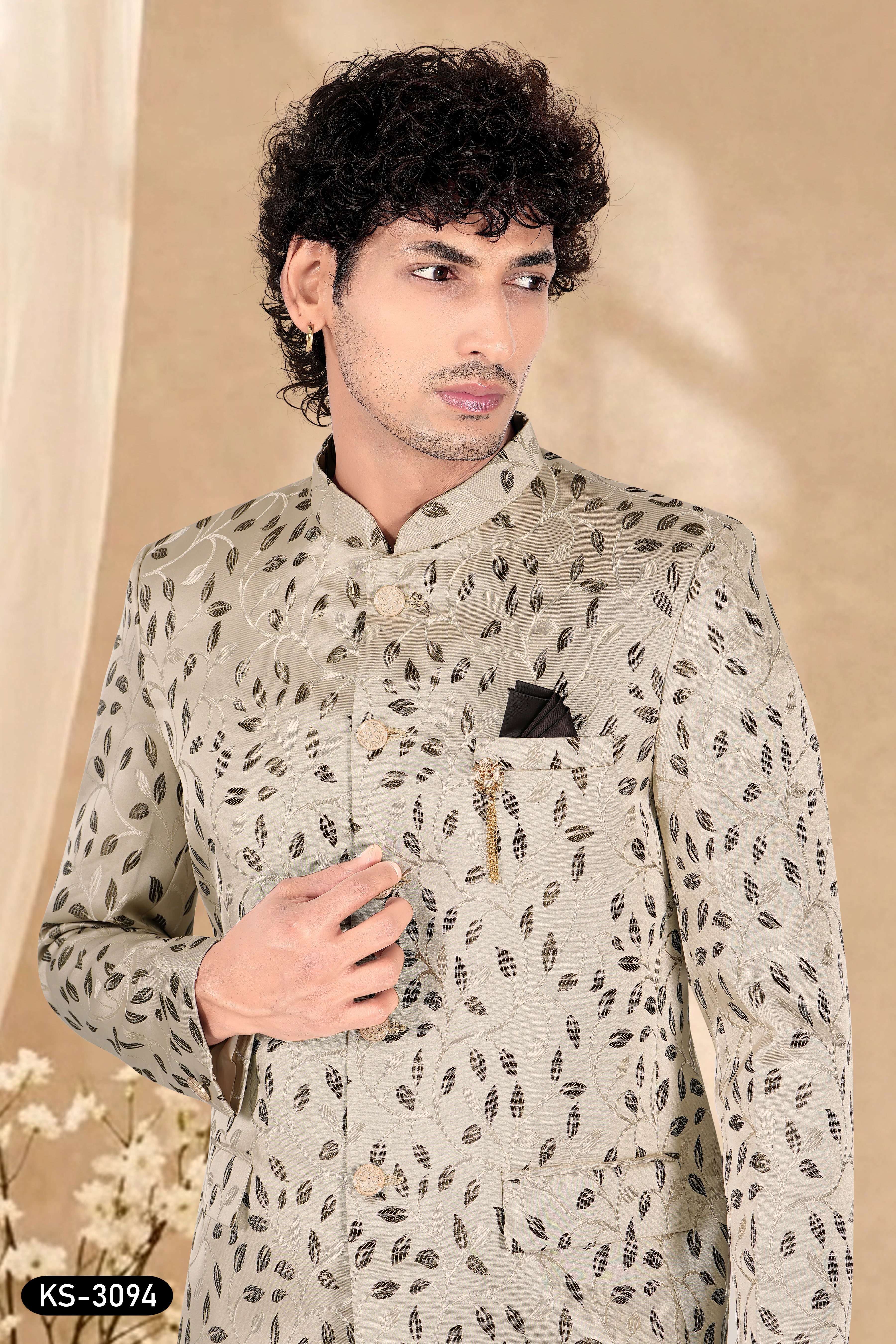 BANDGALA SET IN BEIGE-BASE WITH SELF-DESIGN ALL-OVER