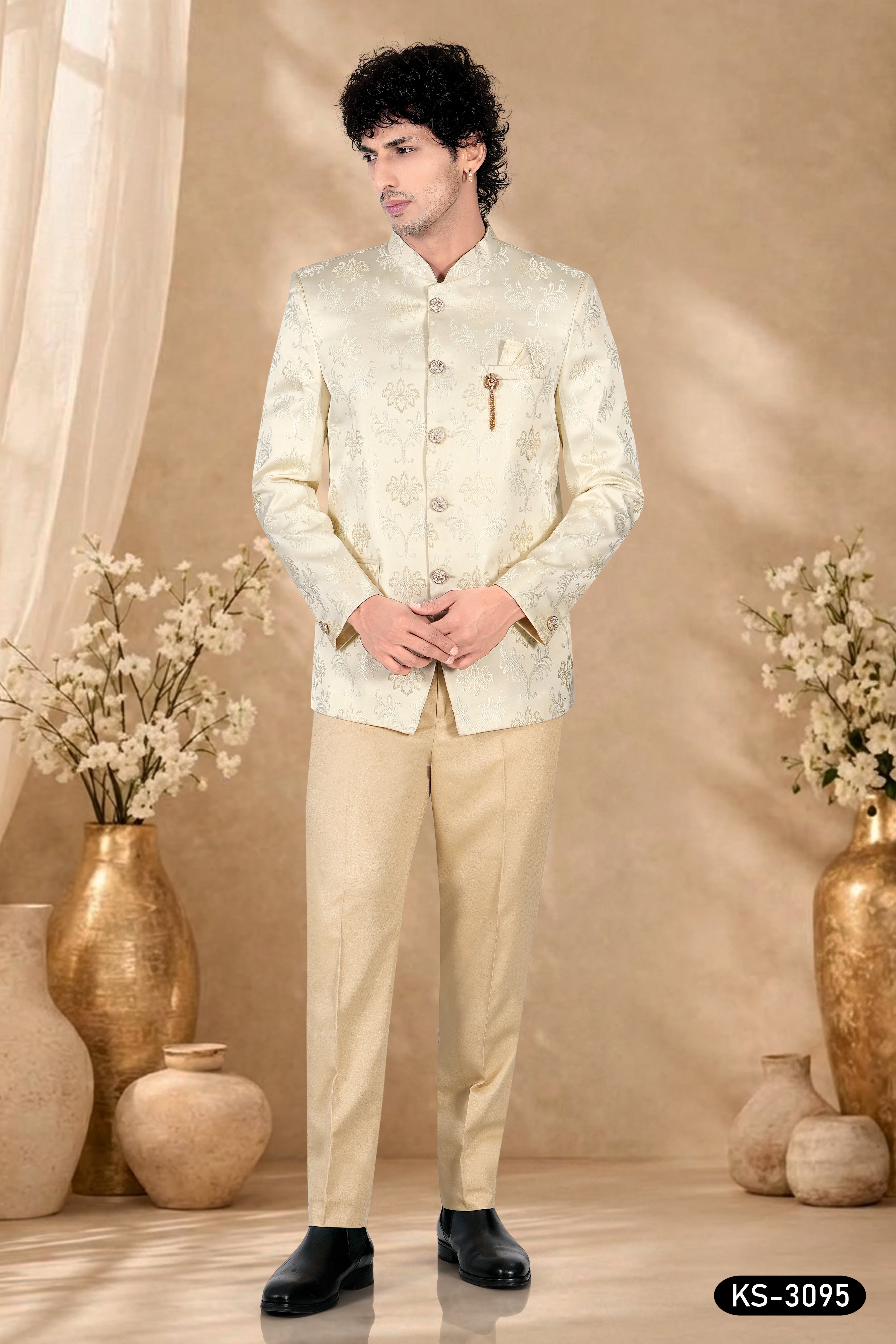 CREAM TONE BANDHGALA SET WITH ALL-OVER SELF-DESIGN