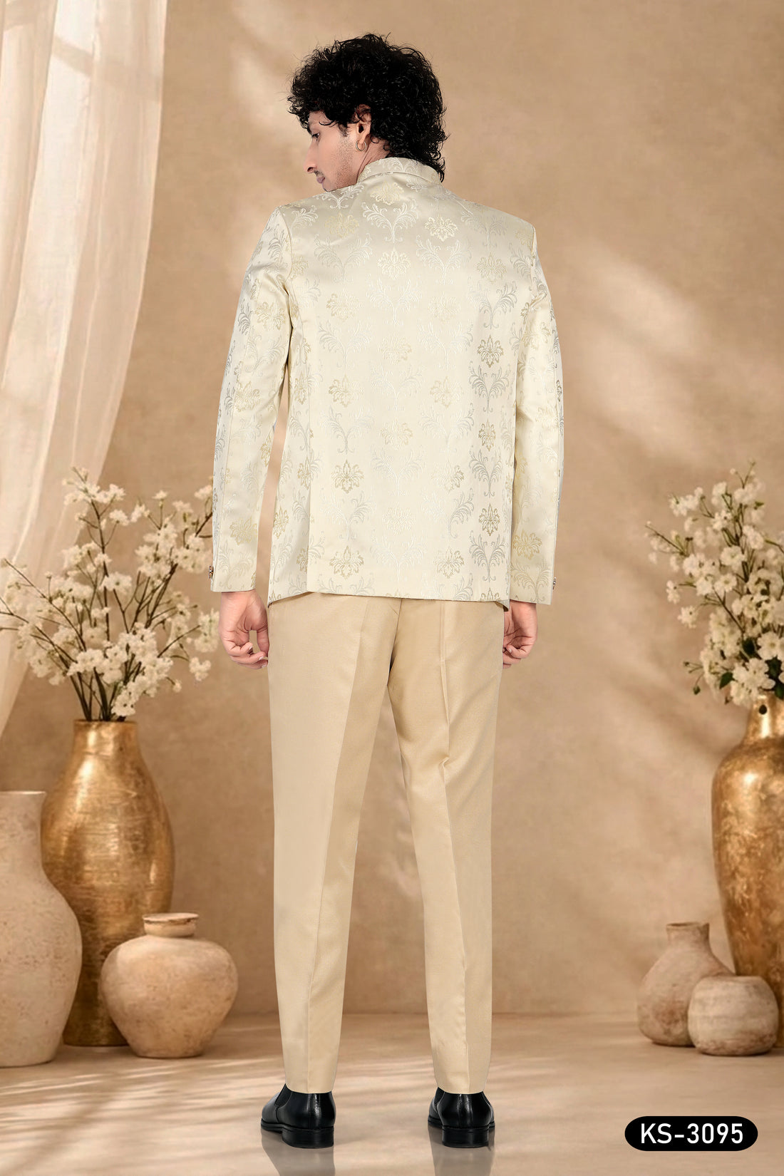 CREAM TONE BANDHGALA SET WITH ALL-OVER SELF-DESIGN
