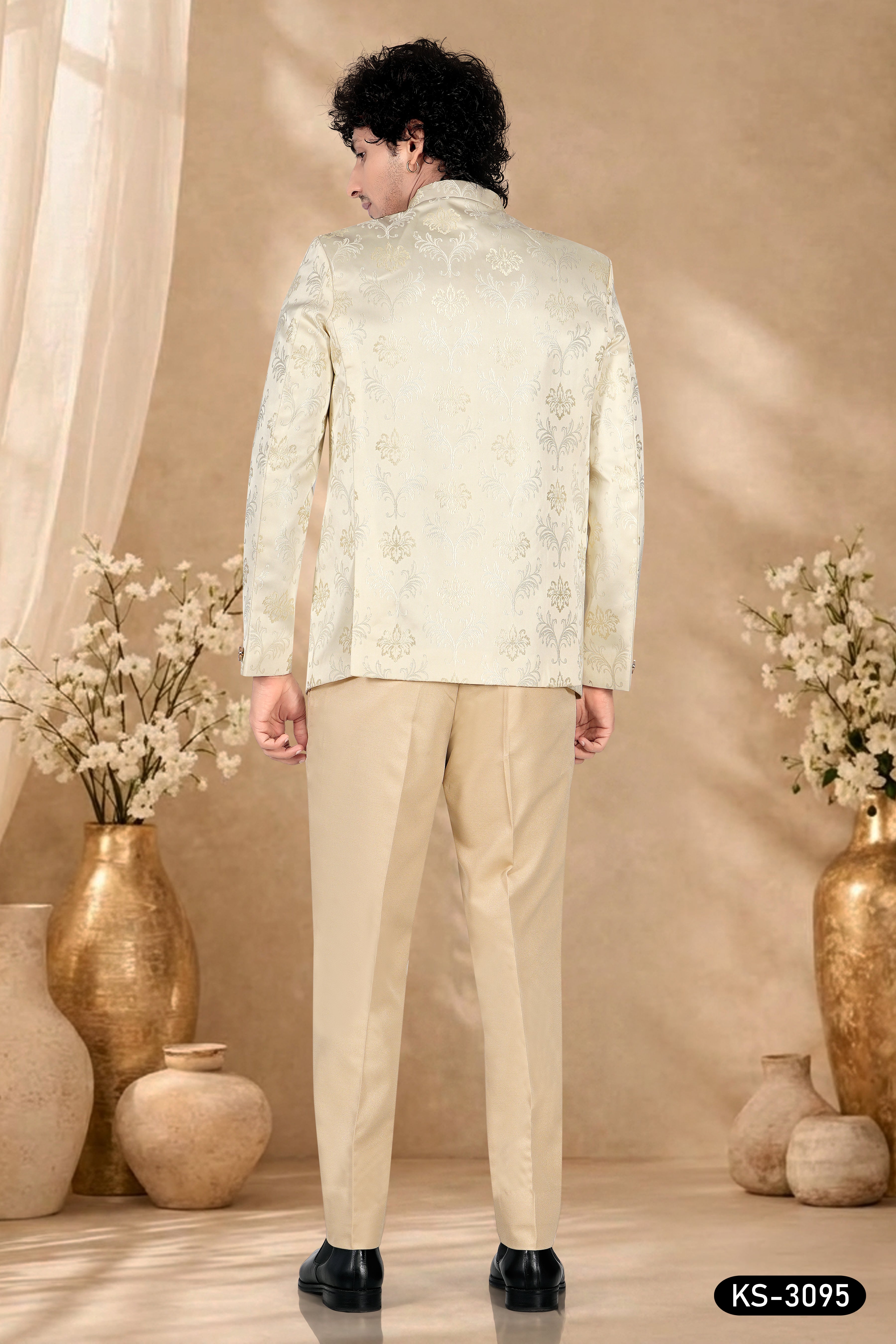 CREAM TONE BANDHGALA SET WITH ALL-OVER SELF-DESIGN