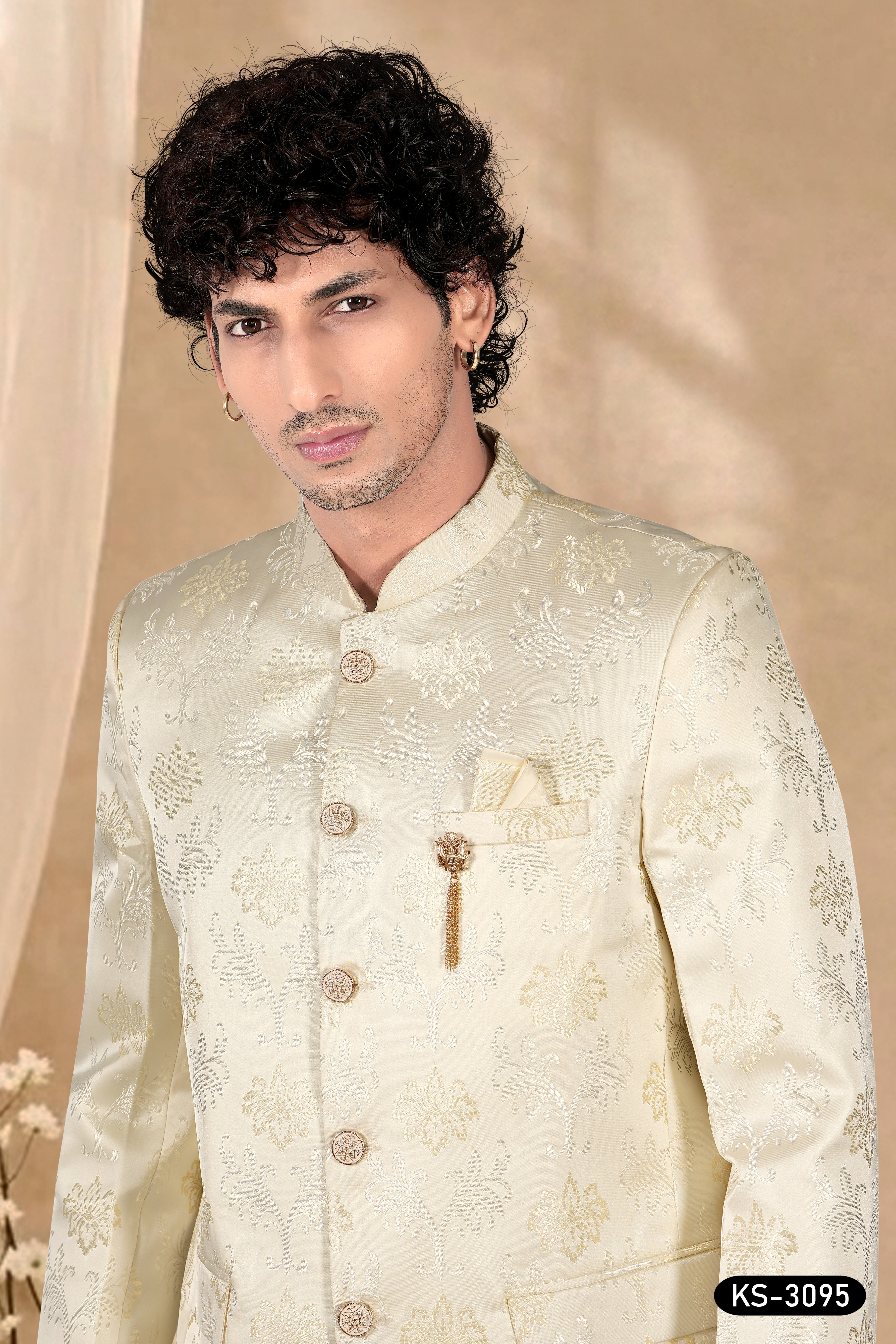 CREAM TONE BANDHGALA SET WITH ALL-OVER SELF-DESIGN