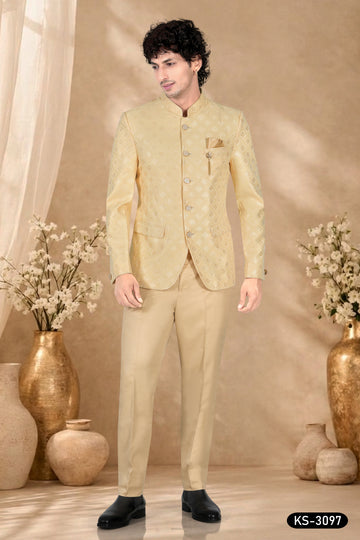 YELLOW HUE BANDHGALA SET IN JACQUARD WITH SELF-DESIGN