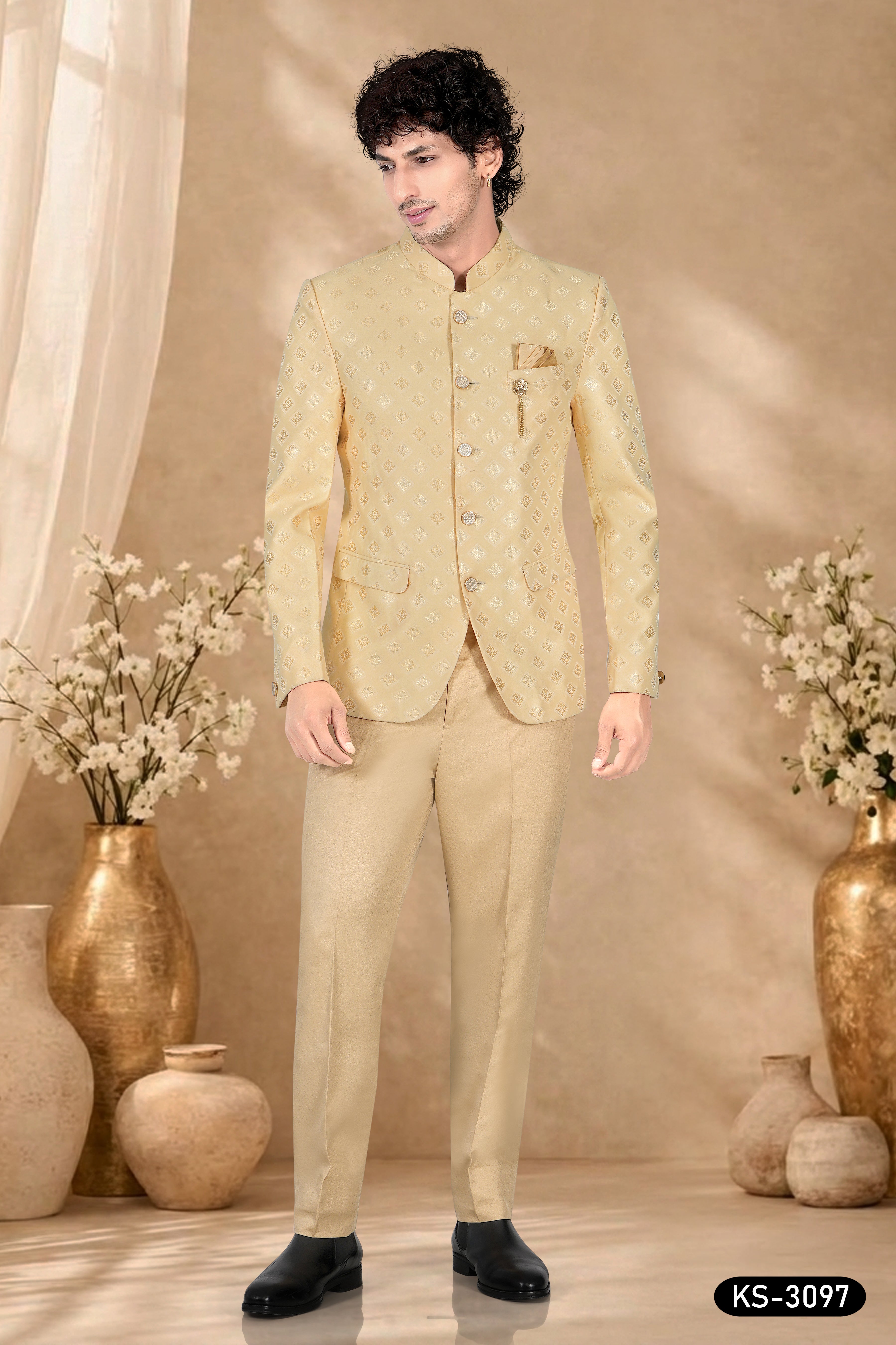 YELLOW HUE BANDHGALA SET IN JACQUARD WITH SELF-DESIGN