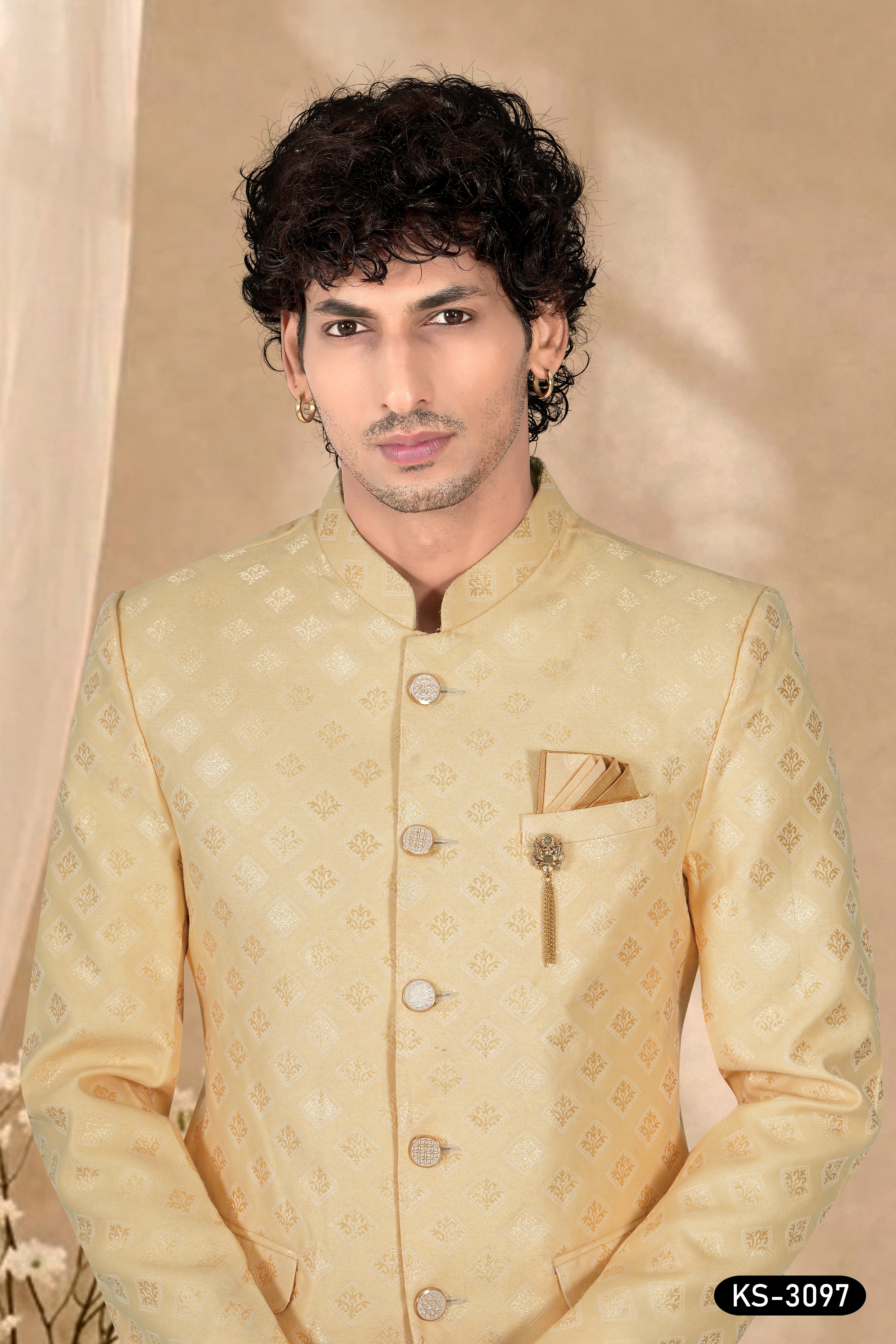 YELLOW HUE BANDHGALA SET IN JACQUARD WITH SELF-DESIGN