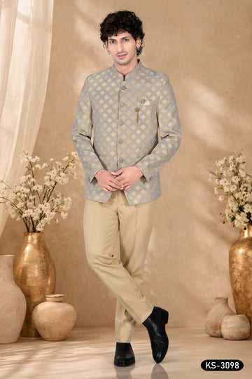 GREY HUE BANDHGALA SET WITH ALL-OVER SELF DESIGN