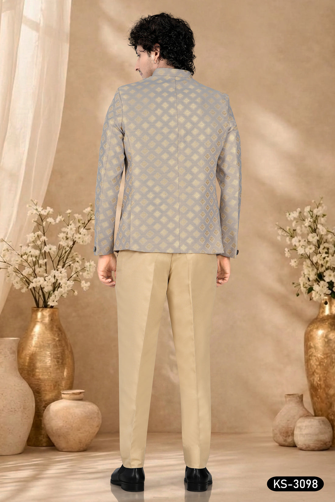 GREY HUE BANDHGALA SET WITH ALL-OVER SELF DESIGN